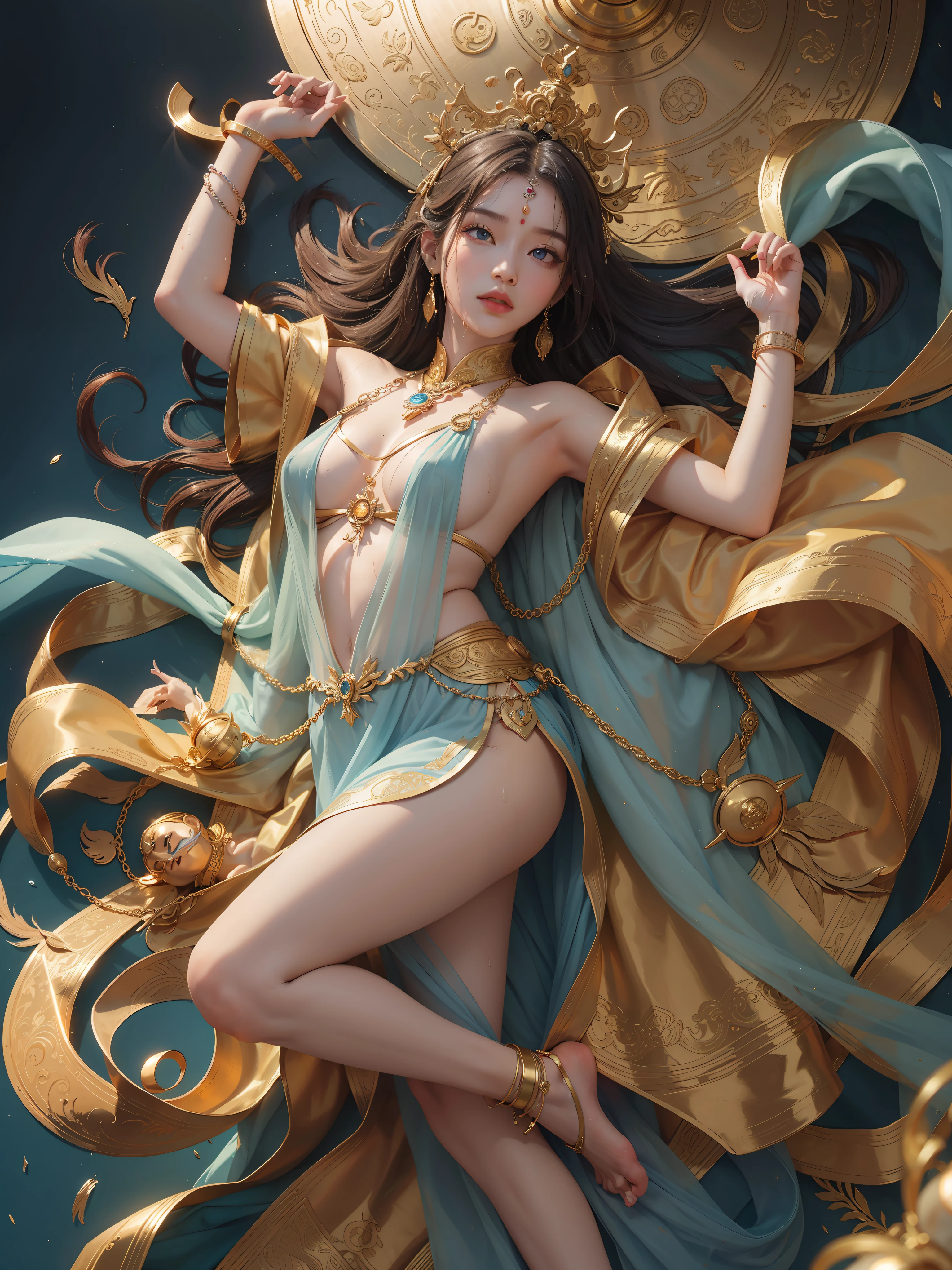 A Buddhist Bodhisattva Girl, (Masterpiece, Top Quality, Best Quality, Official Art), (KPOP idol), Delicate Jewelry, Delicate Bracelet, Delicate Hair Ornament, High Feeling, Aperture on the Back, Bodhisattva, Immortal Fluttering, Looking Up View, Barefoot, Golden Bracelet on Ankle, Ancient Chinese Costumes, Gorgeous Silk, Flowing Tulle, Dazzling Background, Golden Aperture in the Back, Gold Falun in the Back, Best Light, Best Shadow, Movie Lighting, Mystery, Background pure black with ring-shaped aperture, ultra HD, 8k, fair skin, Wolp_style, duhuang_style, upper body close-up, detailed face, professional classical dance movements, people floating in the air, (sideways: 1.5), 28 years old, 1girl, well-dressed, super long clothes, black hole background, in a temple in Thailand, one leg on the ground, left hand to do Buddha hand on chest, other raised above head to do Buddha hand, surreal, photo, realistic, surfacing from a clear pool, (wet: 2.0), (wet hair: 1.5), medium chest, 48KG weight, smooth skin, light blue pupils, detailed eye painting