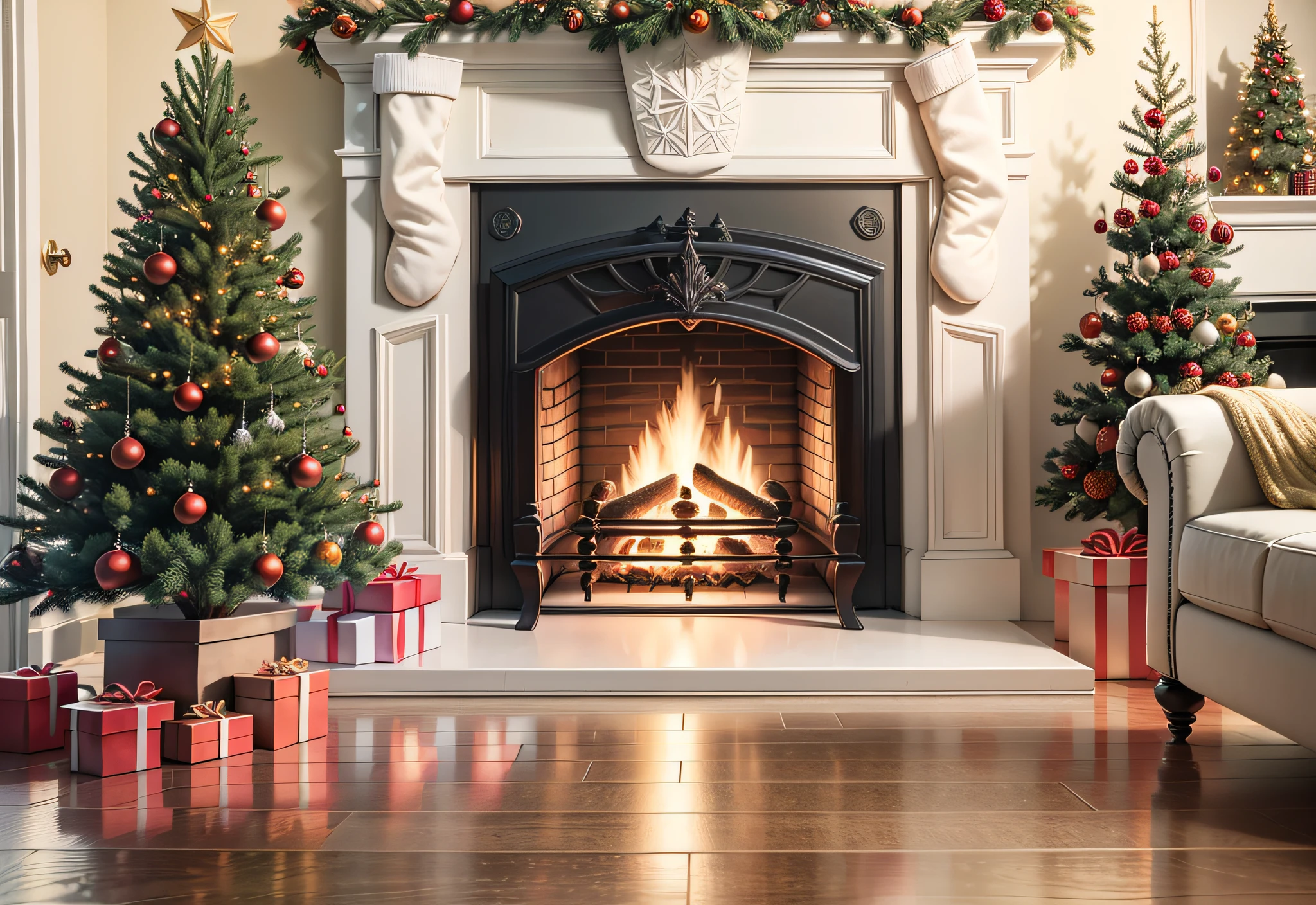 front view full christmas tree and fireplace, real photography, super realistic rendering, realistic rendering, 8k, --auto --v6 --s2