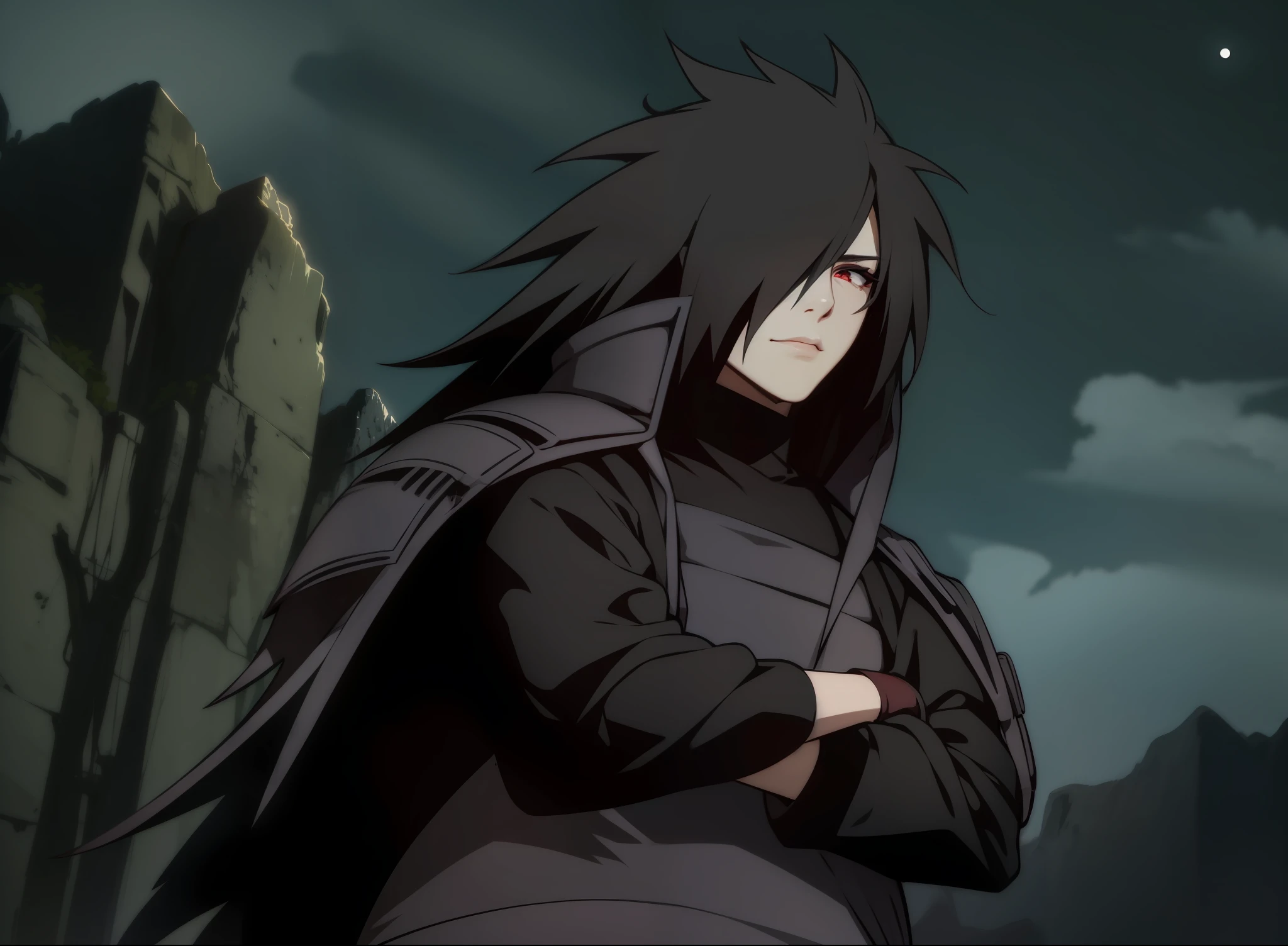 Uchiha Spot (Best Quality), Ultra High Resolution, Professional Artwork, Ultra Detailed, Complex, Detailed Face, Perfect Lighting, Black Hair, Reincarnation Eye, Ninja, Forehead Protection, Mane, Head, Night, Night Sky, New Moon, Red Moon, Face Cracked, Outdoor, (Cowboy Lens, Long Shot)