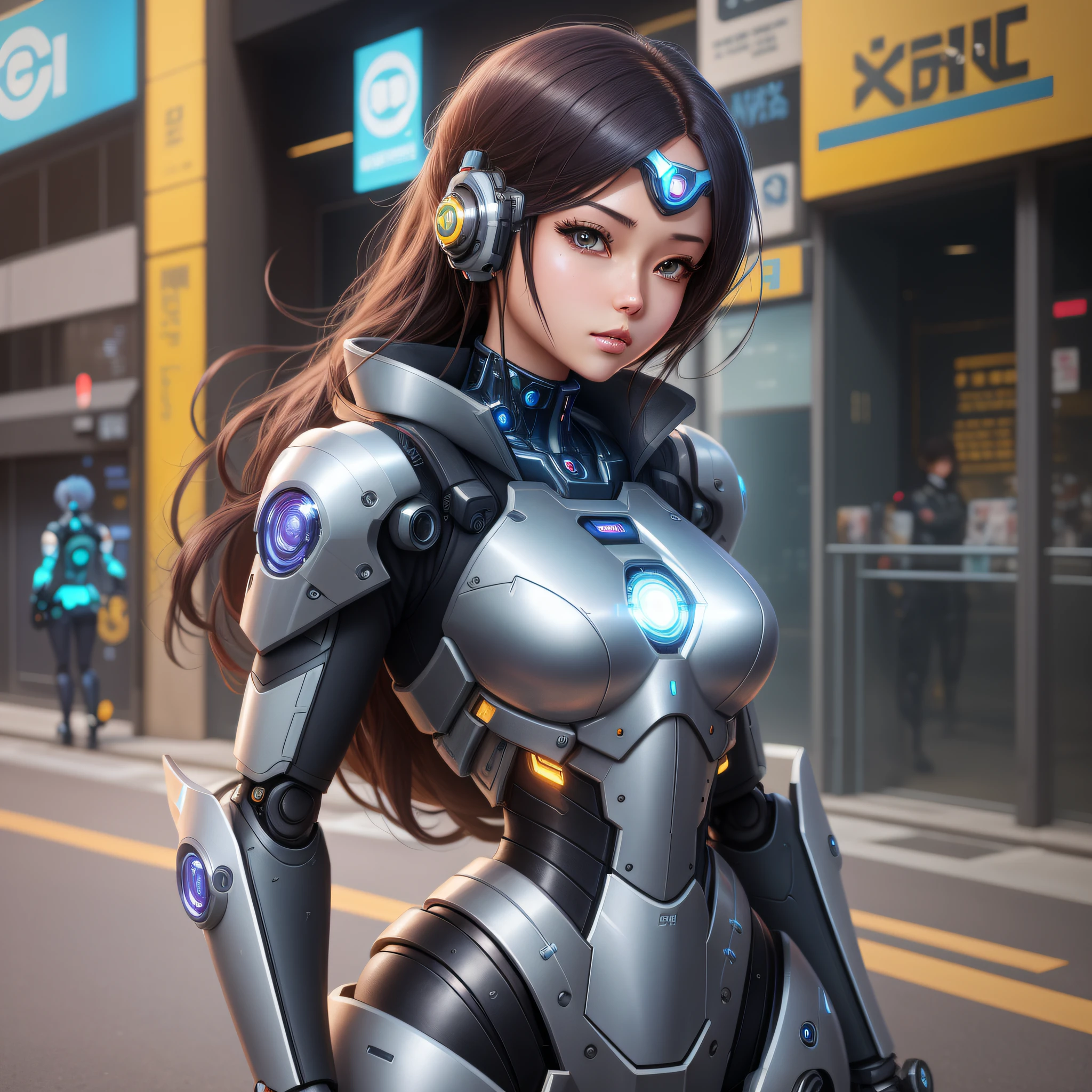 anime - style woman in a futuristic suit standing on a city street, girl in mecha cyber armor, perfect anime cyborg woman, cute cyborg girl, beutiful girl cyborg, echo from overwatch, cyborg merchant girl, female cyberpunk anime girl, 3 d render character art 8 k, cyberpunk anime girl mech, cyborg girl, digital cyberpunk anime art, perfect cyborg female
