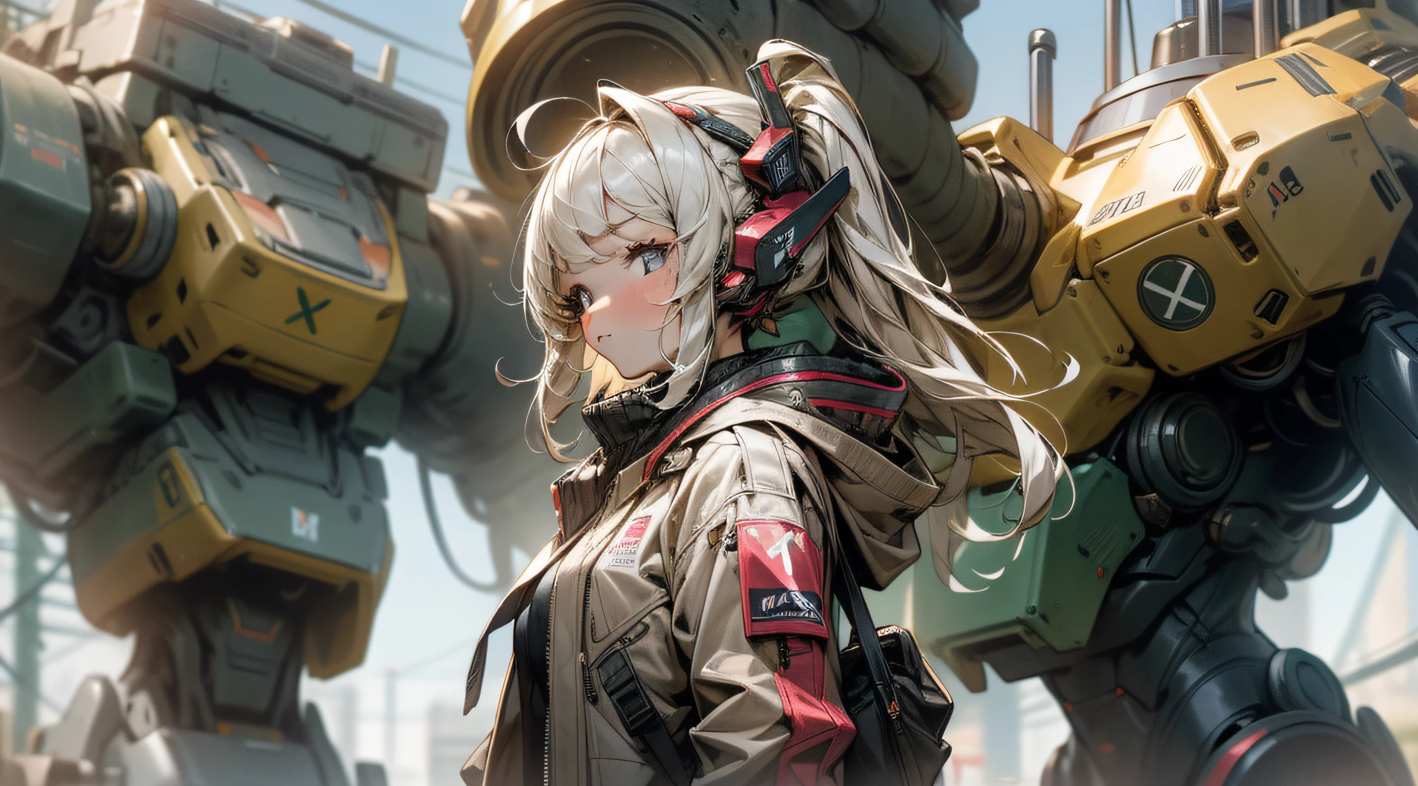 (Masterpiece: 1.4), (Best quality: 1.4), 8K, HD, ultra clear,1girl,a girl with jacket standing in front off a mecha robot