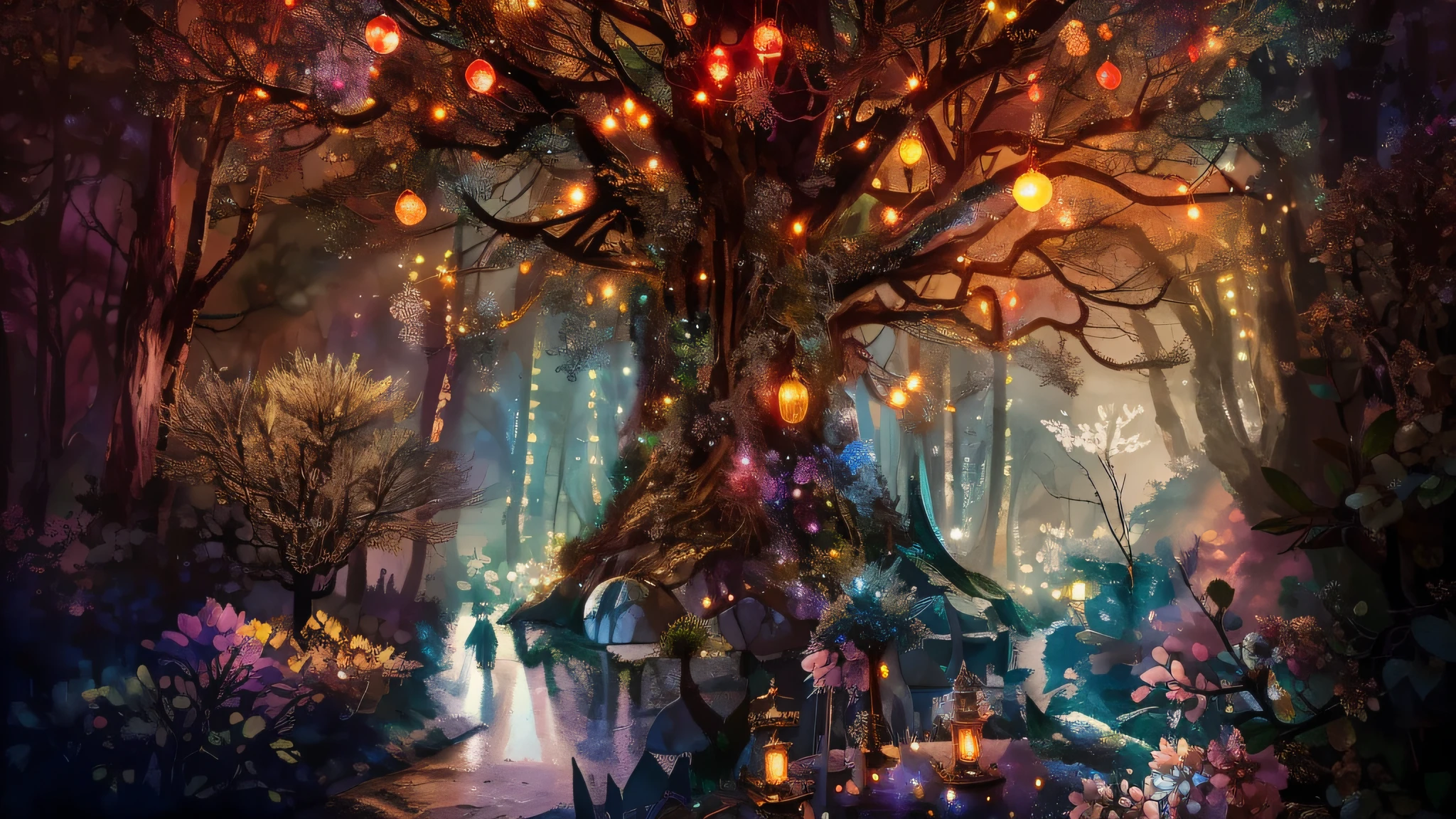 there is a tree with many lights hanging from it in the forest, enchanted magical fantasy forest, enchanted and magic forest, magical fantasy forest, fantasy forest, fantasy forest landscape, fairytale forest, fantasy tree, magical forest backround, magic forest, magical forest, magical tree, fantasy magical vegetation, magical environment, fantasy forest background, large magical trees, magic tree, enchanted forest