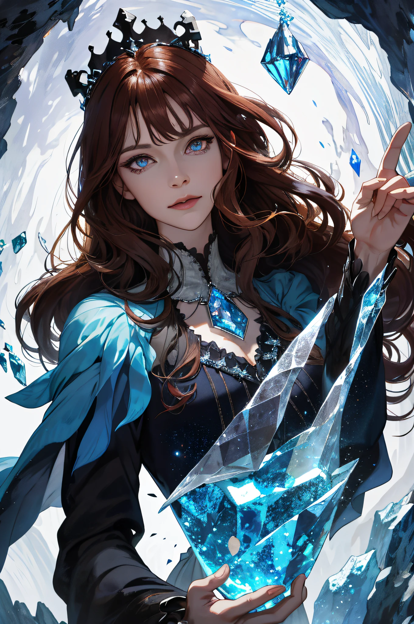 (absurdres, highres, ultra detailed), 1woman, mature female, aged up, wavy long hair, auburn hair, coral eyes, bangs, long sleeves, finely detailed eyes and detailed face, extremely detailed CG unity 8k wallpaper, intricate details, (style-swirlmagic:1.0), looking at viewer, solo, upper body, detailed background, close up, detailed face, (gothic dark ages theme:1.1), crystal sorcerer, dynamic pose, earth themed clothes, crystal crown, floating in the air, glowing magical shards, surrounded by blue magical crystals, rock formations, stalactites, magical floating particles, crystal glass, crystal sphere, crystal canyon background, (shallow water:0.7), epic ethereal atmosphere, updraft,, portrait