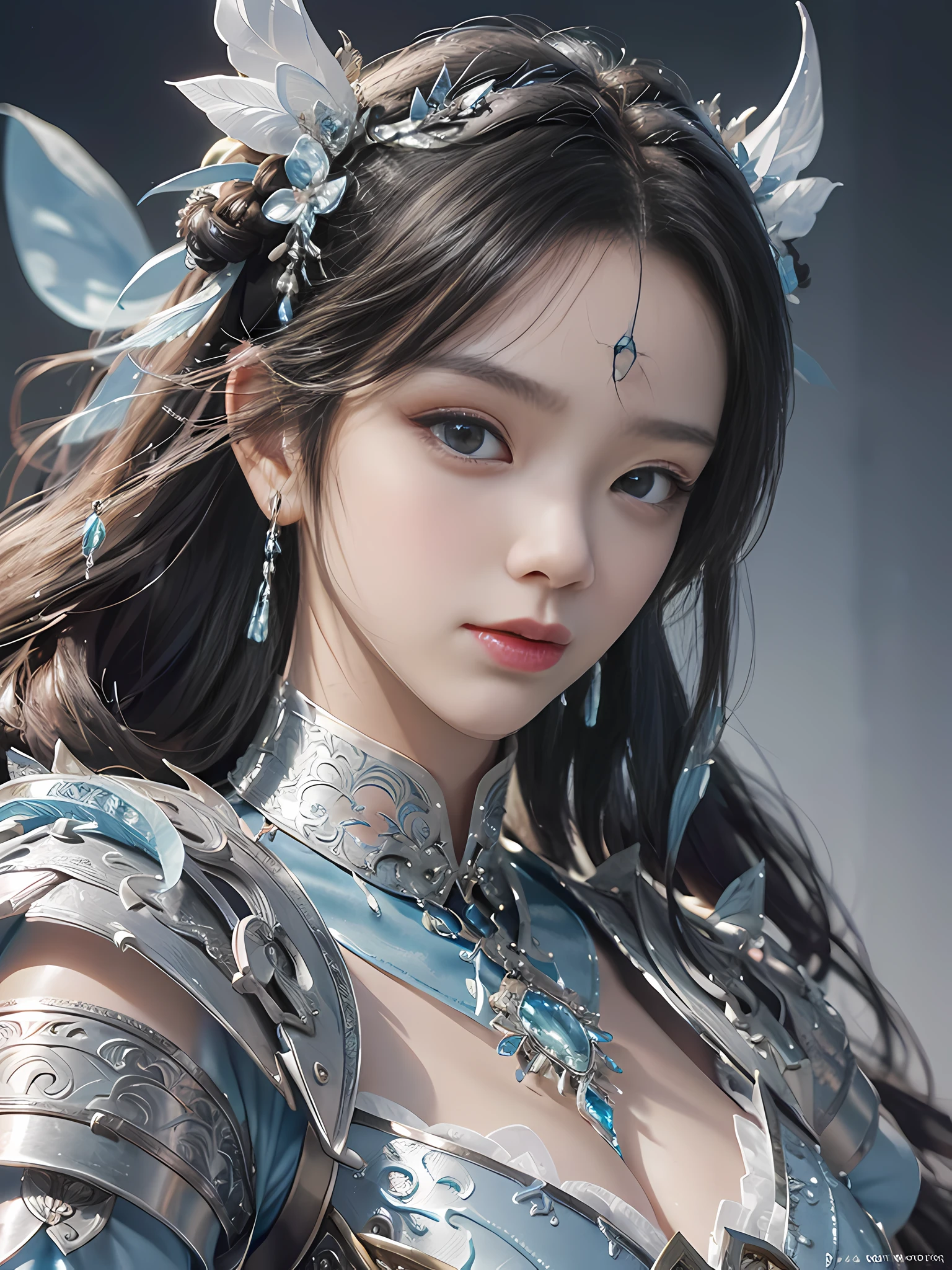 Close-up of a woman in a silver-blue dress, Cheng Weipan Art Station, Xiuxian Technology Sense, Ice and Snow Beauty, Gauze Sleeves, Detailed Fantasy Art, Stunning Character Art, Epic Exquisite Character Art, Beautiful Complex Armor, Machinery, Extremely Detailed Art Budding, Detailed Digital Animation Art, Artgerm on Art Station Pixiv, Armor Girl, Heavy and Exquisite Complicated Headdresses and Jewelry, Noble High-Tech Sense, True God Sense of Déjà Vu,