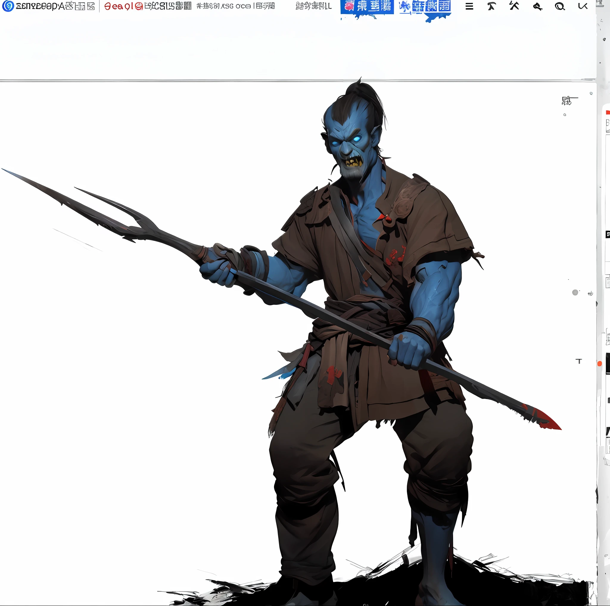 A zombie holding a spear, holding a spear, DND fantasy art, holding a spear, right hand spear, blue zombie, concept art character pose, character painting, Yang Qi's painting, God of War style, 4K