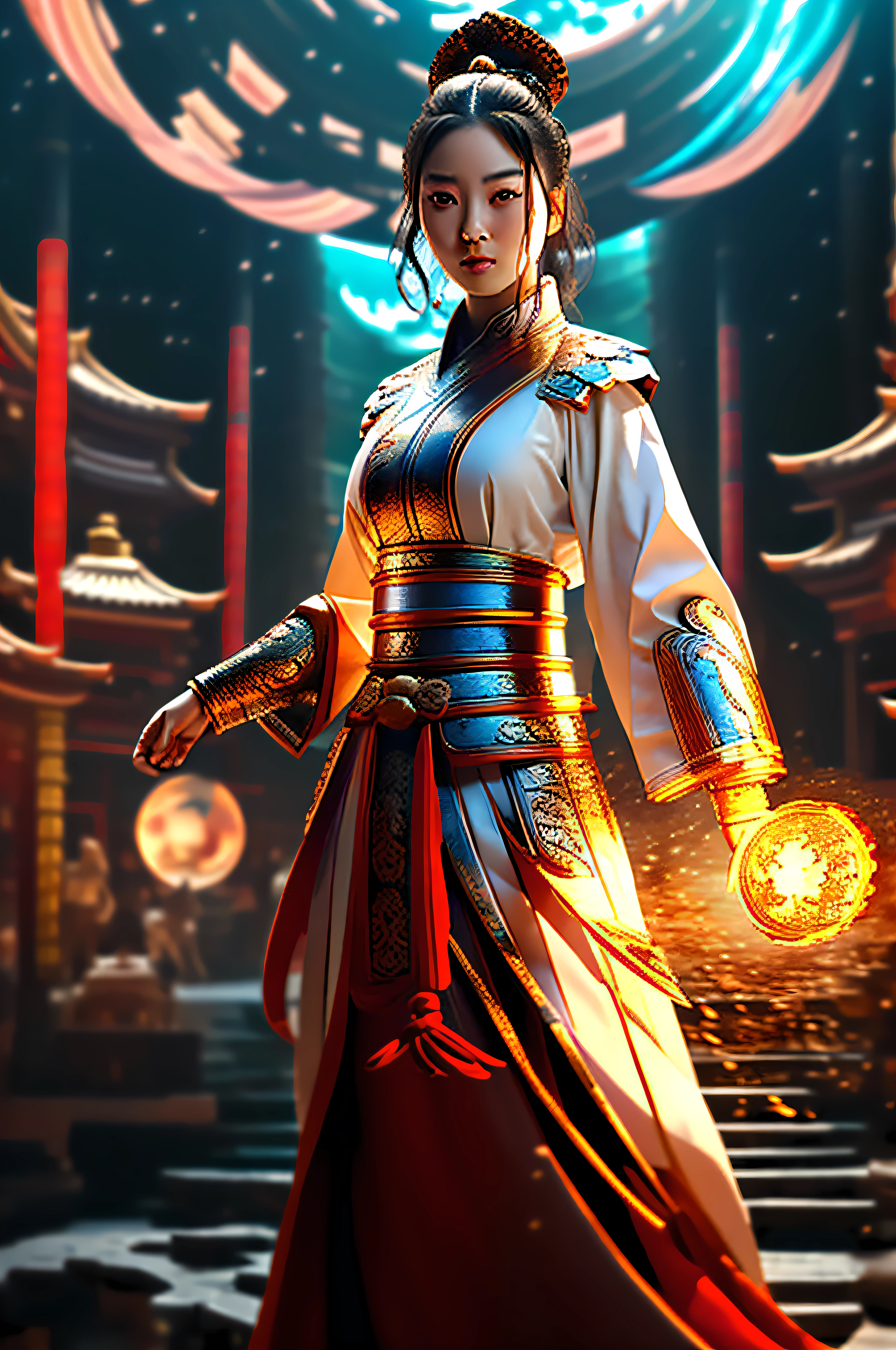 Best Quality, Masterpiece, Ultra High Resolution, (Realistic: 1.4), Xiuxian, Weapon, Detail Face,
1 girl, solo, weapon, (magic circle: 1.2), Xiuxian, upper body, beautiful girl, giant breasts: 1.5, full body, East Asian architecture, sheath, construction,