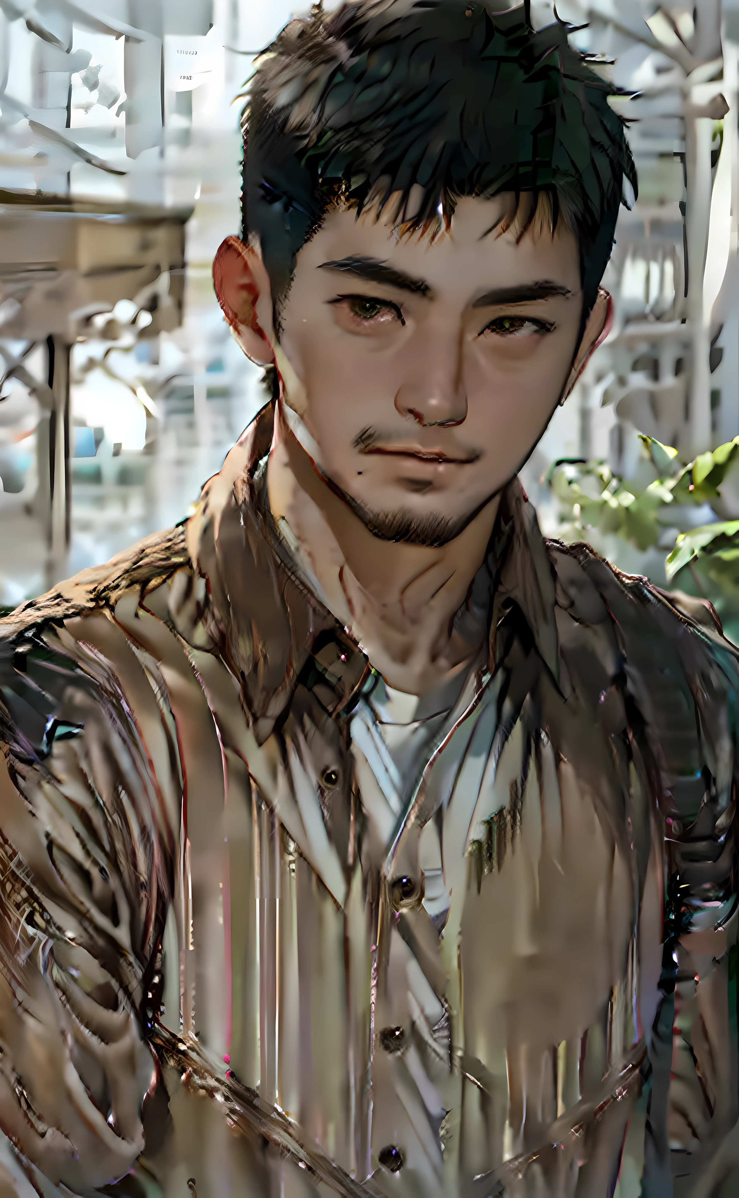 best quality, masterpiece, super high resolution, detailed background, realism, Illustrations, single, 1 boy, office, bara, bear, volumetric lighting, depth of field, facial hair, , crew cut, (white clothes), standing, formal clothes, no beard, asian