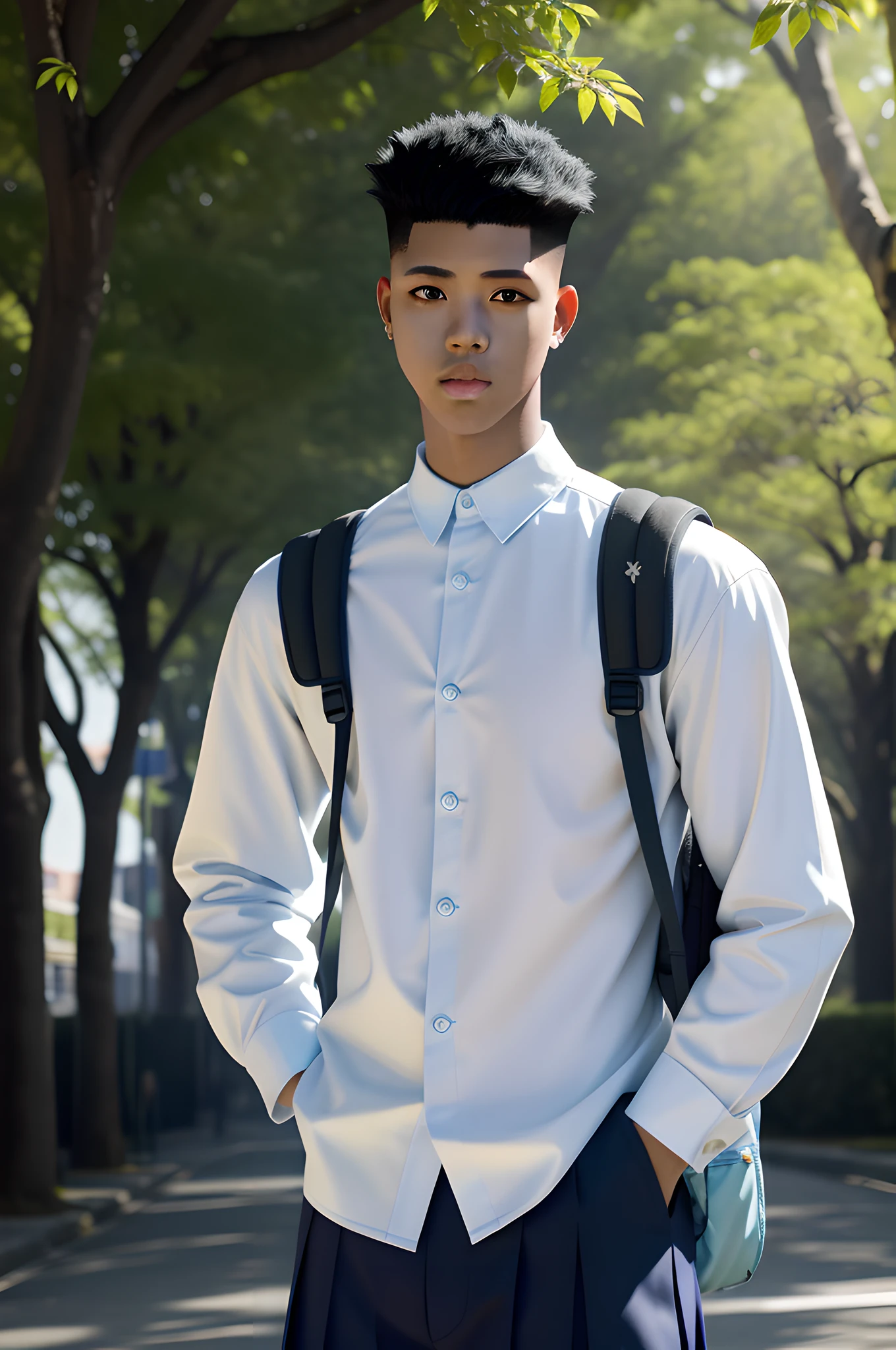 Masterpiece, Need for Good, 1boy, Male Focus, Handsome (hi-top fade:1.3), Campus, Boulevard, Spindle Tree, Afternoon Sun, On the Way to School, School Uniform, Backpack, Front, surrounding by kanji word fly around his body, Depth of Field. high contrast, (natural skin texture, hyperrealism, soft light, sharp),