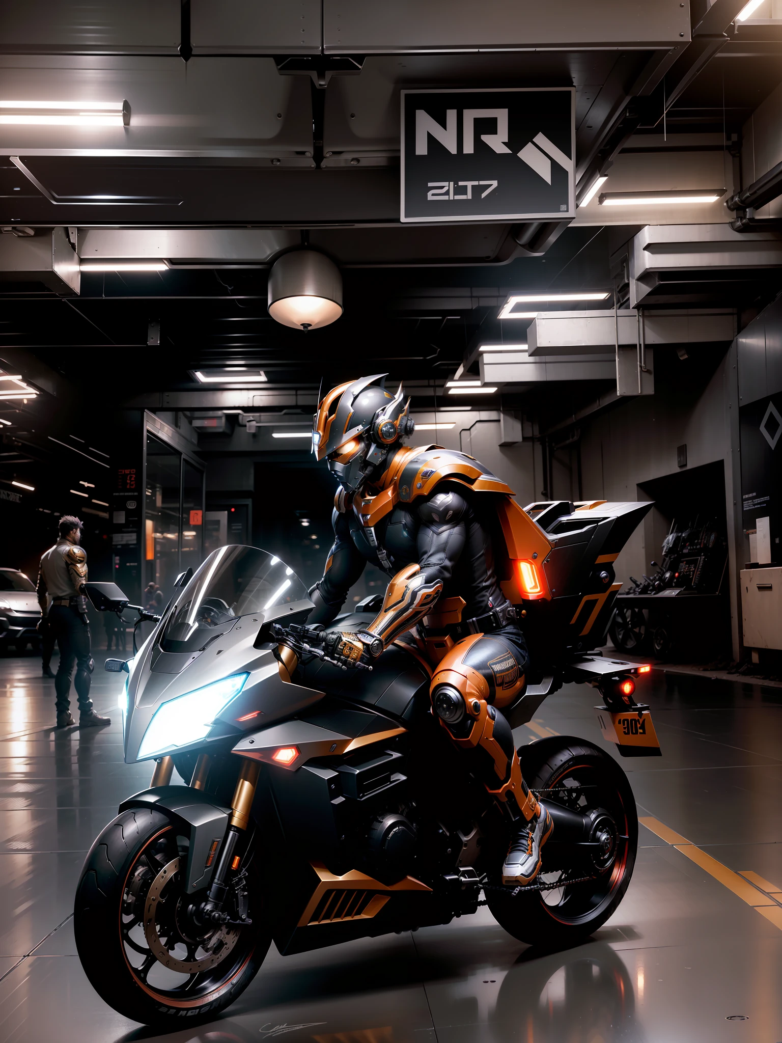 Cyber Warrior & Cybertech Mechanical Motorcycle, Mighty Male Warrior, Nousr, Biomechanics, MSHN Robot Man, Cybertech Full Surround Helmet, Surreal, Steel, Intricate Design, Crazy Detail, Fine Detail, Extremely Clear Lines, Cinematic Lighting, Photo Realistic, Detailed Masterpiece