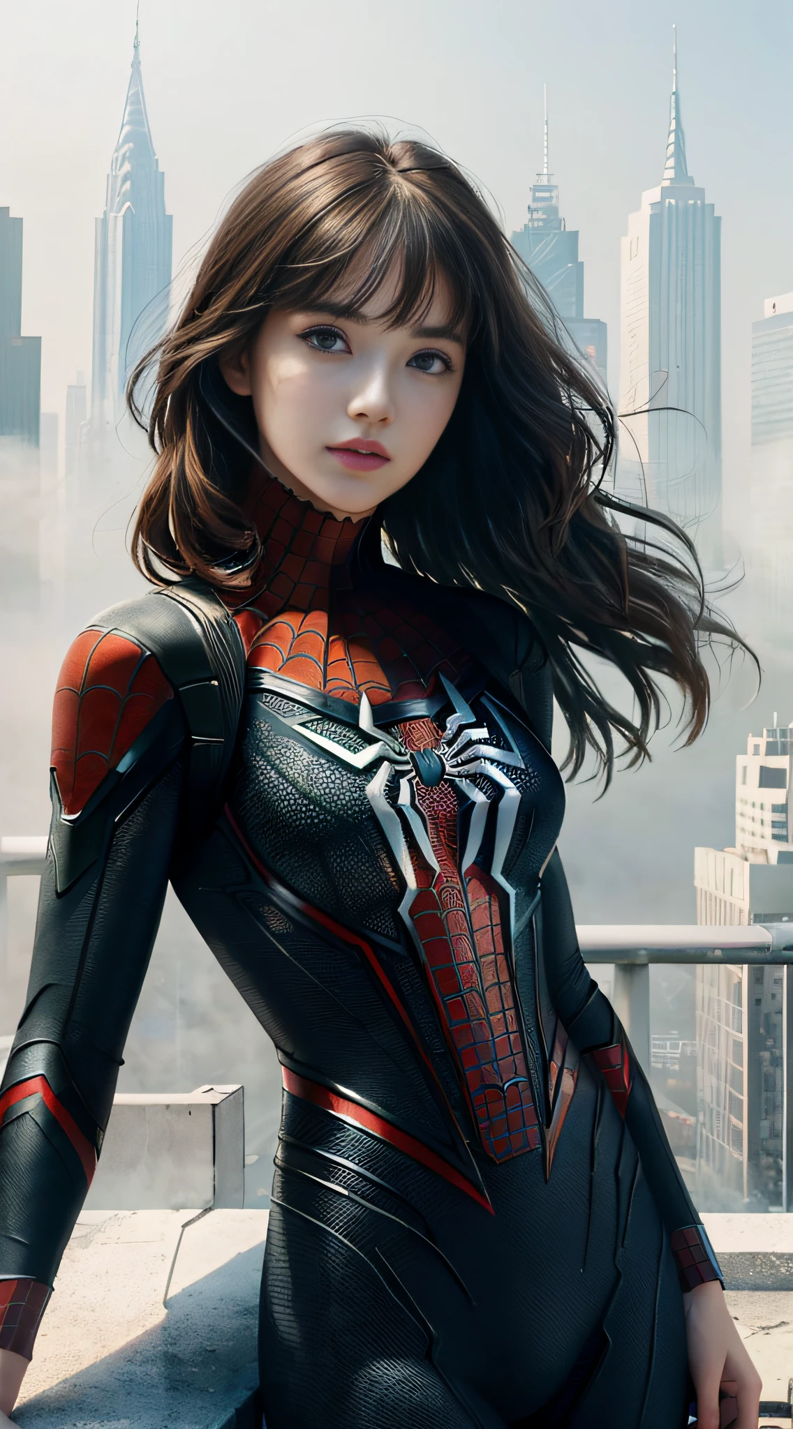 (1girl:1.3), Solo, (((Very detailed face)))), ((Very detailed eyes and face)))), Beautiful detail eyes, Body parts__, Official art, Unified 8k wallpaper, Super detailed, beautiful and beautiful, beautiful, masterpiece, best quality, original, masterpiece, super fine photo, best quality, super high resolution, realistic realism, sunlight, full body portrait, amazing beauty, dynamic pose, delicate face, vibrant eyes, (from the front), She wears Spider-Man suit, red and black color scheme, spider, very detailed city roof background, rooftop, overlooking the city, detailed face, detailed complex busy background, messy, gorgeous, milky white, highly detailed skin, realistic skin details, visible pores, clear focus, volumetric fog, 8k uhd, DSLR, high quality, film grain, fair skin, photo realism, lomography, futuristic dystopian megalopolis, translucent