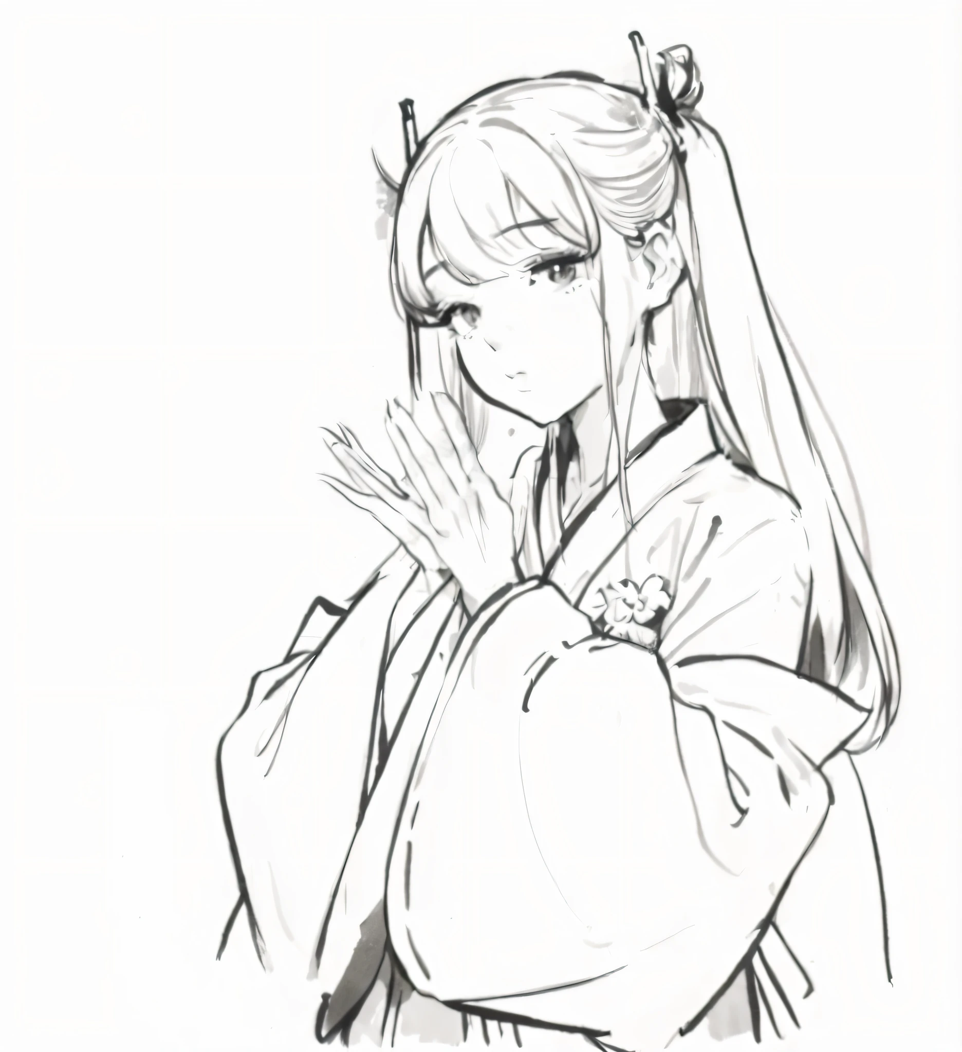 A drawing of a woman in a kimono with hands on her face, clean anime silhouette, clean line art, perfect line art, thick line art, line sketch!!, line sketch, beautiful line art, extremely fine ink line art, thick black line art, Onmyoji portrait, simple line art