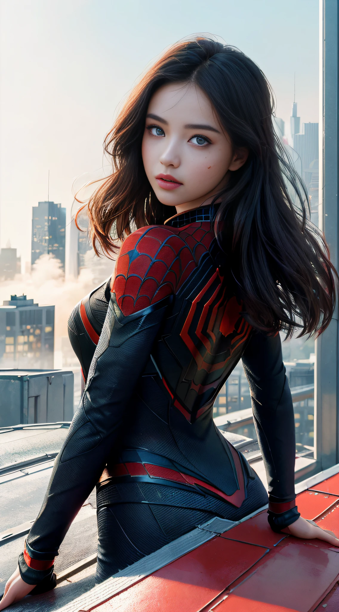(1girl:1.3), Solo, (((Very detailed face)))), ((Very detailed eyes and face)))), Beautiful detail eyes, Body parts__, Official art, Unified 8k wallpaper, Super detailed, beautiful and beautiful, beautiful, masterpiece, best quality, original, masterpiece, super fine photo, best quality, super high resolution, realistic realism, sunlight, full body portrait, amazing beauty, dynamic pose, delicate face, vibrant eyes, (from the front), She wears Spider-Man suit, red and black color scheme, spider, very detailed city roof background, rooftop, overlooking the city, detailed face, detailed complex busy background, messy, gorgeous, milky white, highly detailed skin, realistic skin details, visible pores, clear focus, volumetric fog, 8k uhd, DSLR, high quality, film grain, fair skin, photo realism, lomography, futuristic dystopian megalopolis, translucent