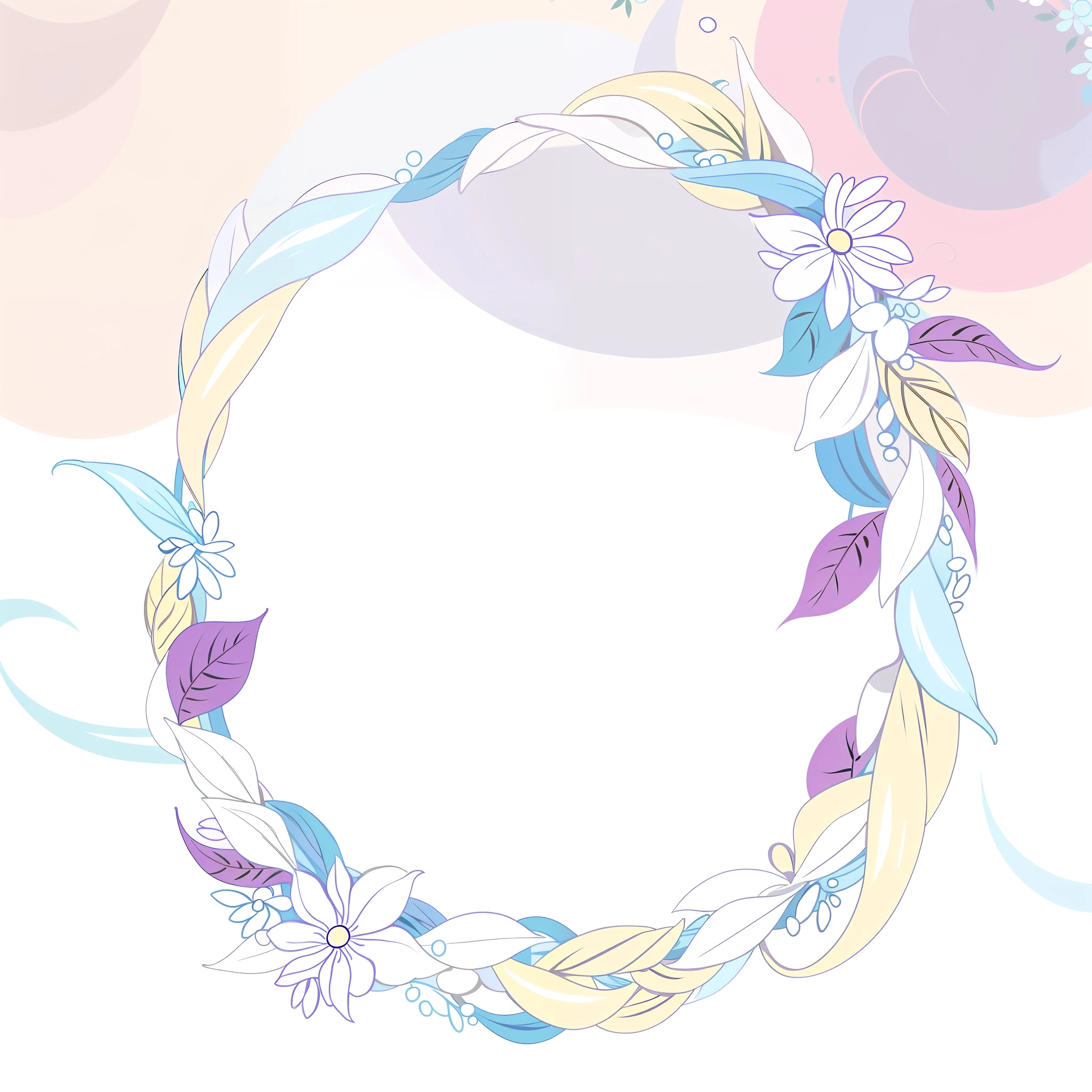 A circle, blue, soft lines with waves and dolphins on it, wave frame, ribbon, made of flowers and leaves, background image, fairy tale style background, circle made of waves, decorative halo, pastel purple background, blue cool, made of colorful dried flowers, round background