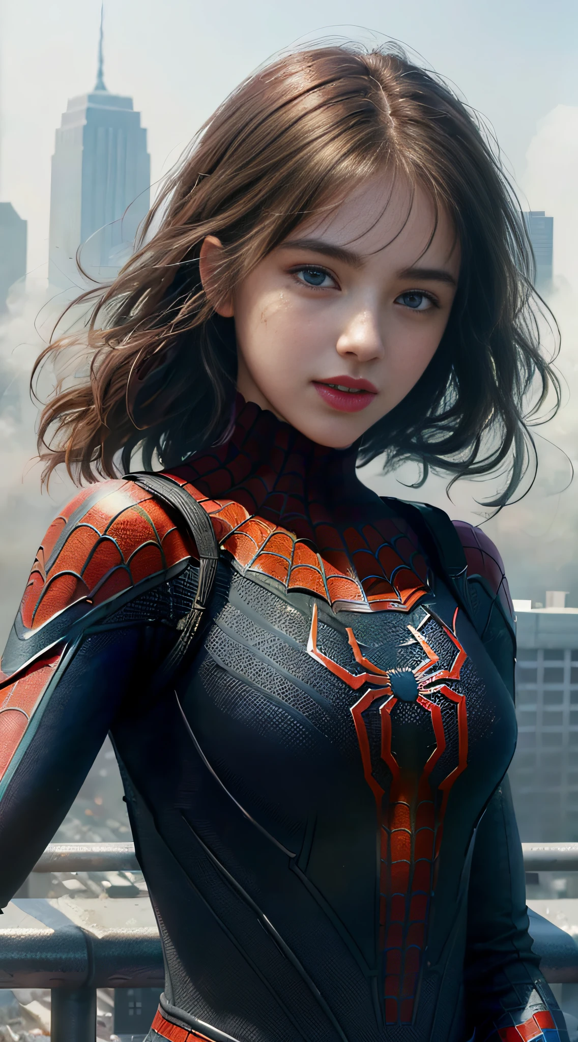 (1girl:1.3), Solo, (((Very detailed face)))), ((Very detailed eyes and face)))), Beautiful detail eyes, Body parts__, Official art, Unified 8k wallpaper, Super detailed, beautiful and beautiful, beautiful, masterpiece, best quality, original, masterpiece, super fine photo, best quality, super high resolution, realistic realism, sunlight, full body portrait, amazing beauty, dynamic pose, delicate face, vibrant eyes, (from the front), She wears Spider-Man suit, red and black color scheme, spider, very detailed city roof background, rooftop, overlooking the city, detailed face, detailed complex busy background, messy, gorgeous, milky white, highly detailed skin, realistic skin details, visible pores, clear focus, volumetric fog, 8k uhd, DSLR, high quality, film grain, fair skin, photo realism, lomography, futuristic dystopian megalopolis, translucent