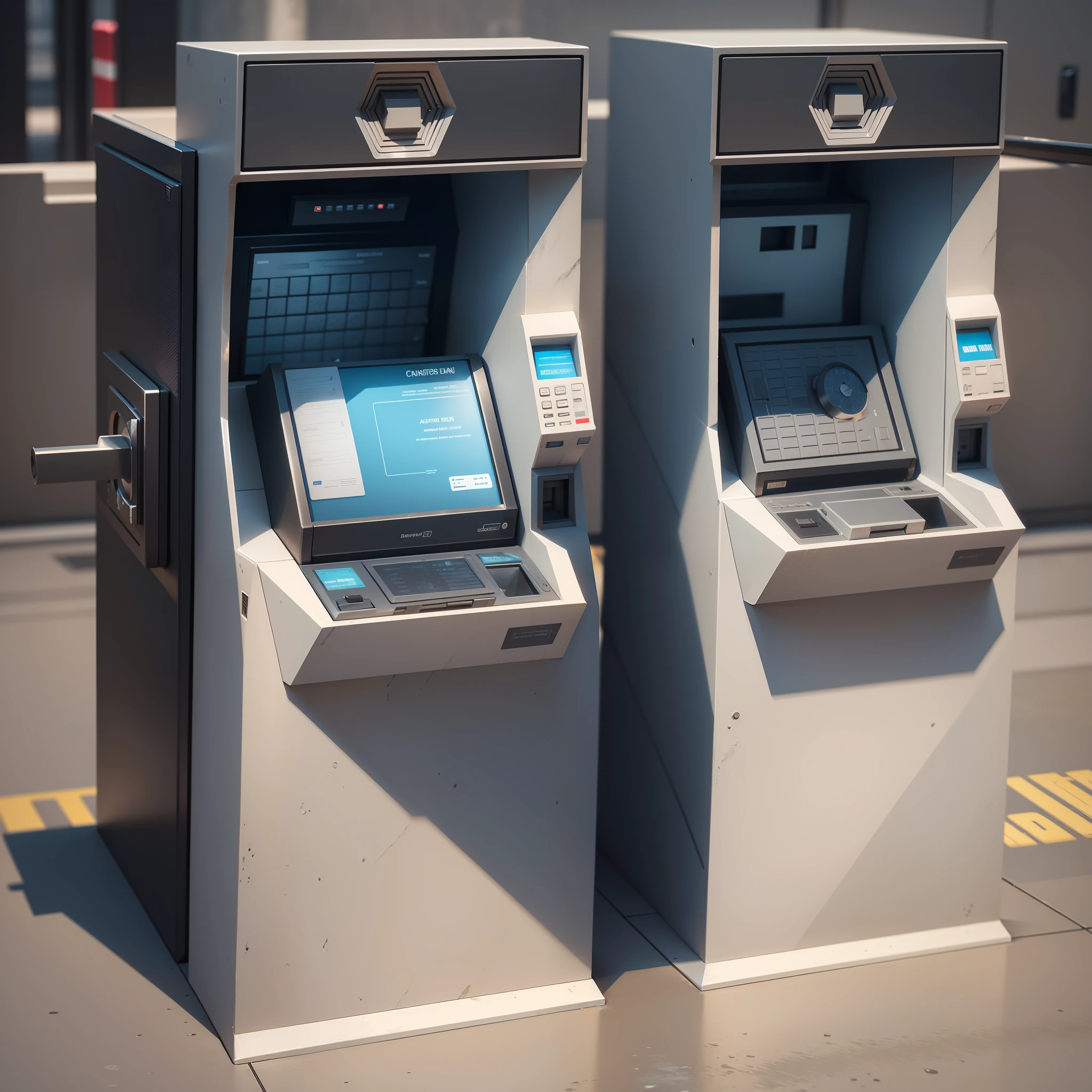 Bank security measures, Vault gate, ATM, blind box toy style, high detail, ray tracing, stereogram, three sided view, 8k, (high details), (high quality), masterpiece, ccurate, (best quality), ccurate, retina, best quality