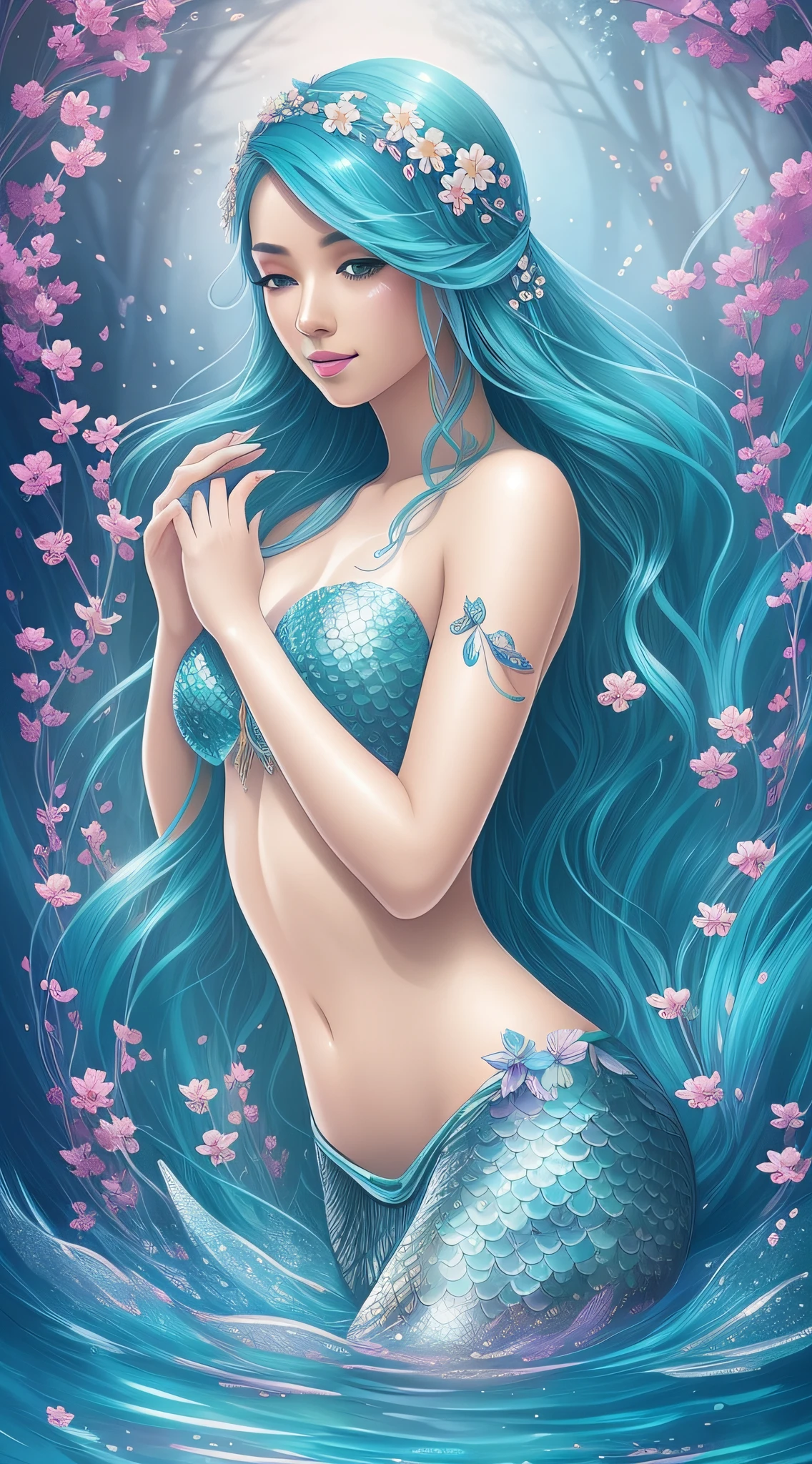 mermaid with blue hair and flowers floating in the water, beautiful mermaid, beautiful digital illustration, a beautiful artwork illustration, beautiful digital artwork, beautiful gorgeous digital art, beautiful digital art, asian female water elemental, gorgeous digital art, very beautiful digital art, closeup fantasy with water magic, beautiful fantasy art, beautiful digital painting, exquisite digital illustration, gorgeous digital painting