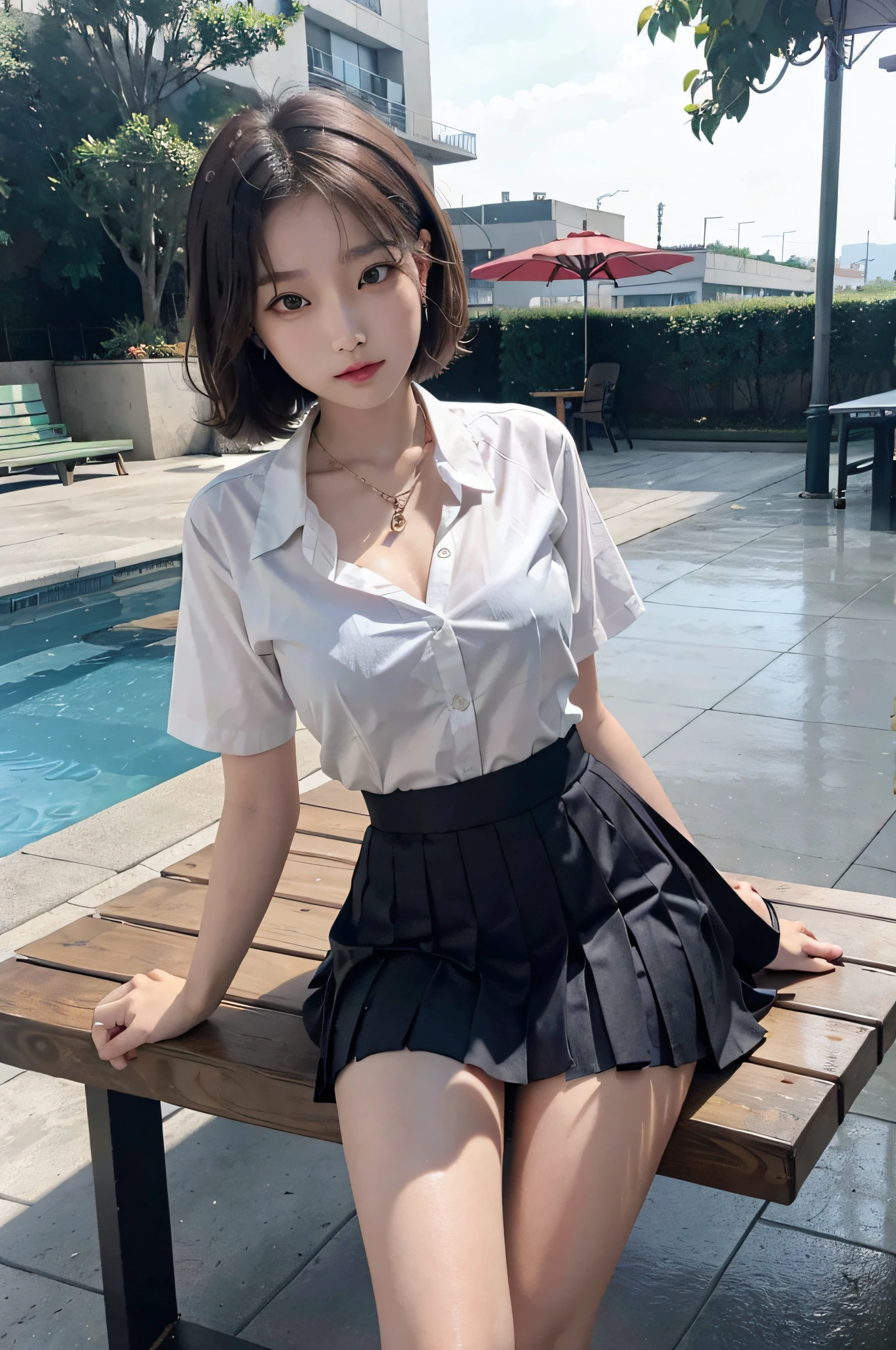 Korean school uniform, school uniform shirt, ribbon, skirt, bright brown hair, school poolside, poolside bench, 8K RAW photo, high resolution, cool Korean at 16 years old, big round breasts, beautiful eyes in every detail, long eyelashes, beautiful double eyelids, slit eyes, elongated eye shape, sanpaku eyes, duck mouth, evil smile, evil look, beautiful very thin legs, beautiful very thin thighs, random short hair, hair tied behind the head, earrings, necklaces,