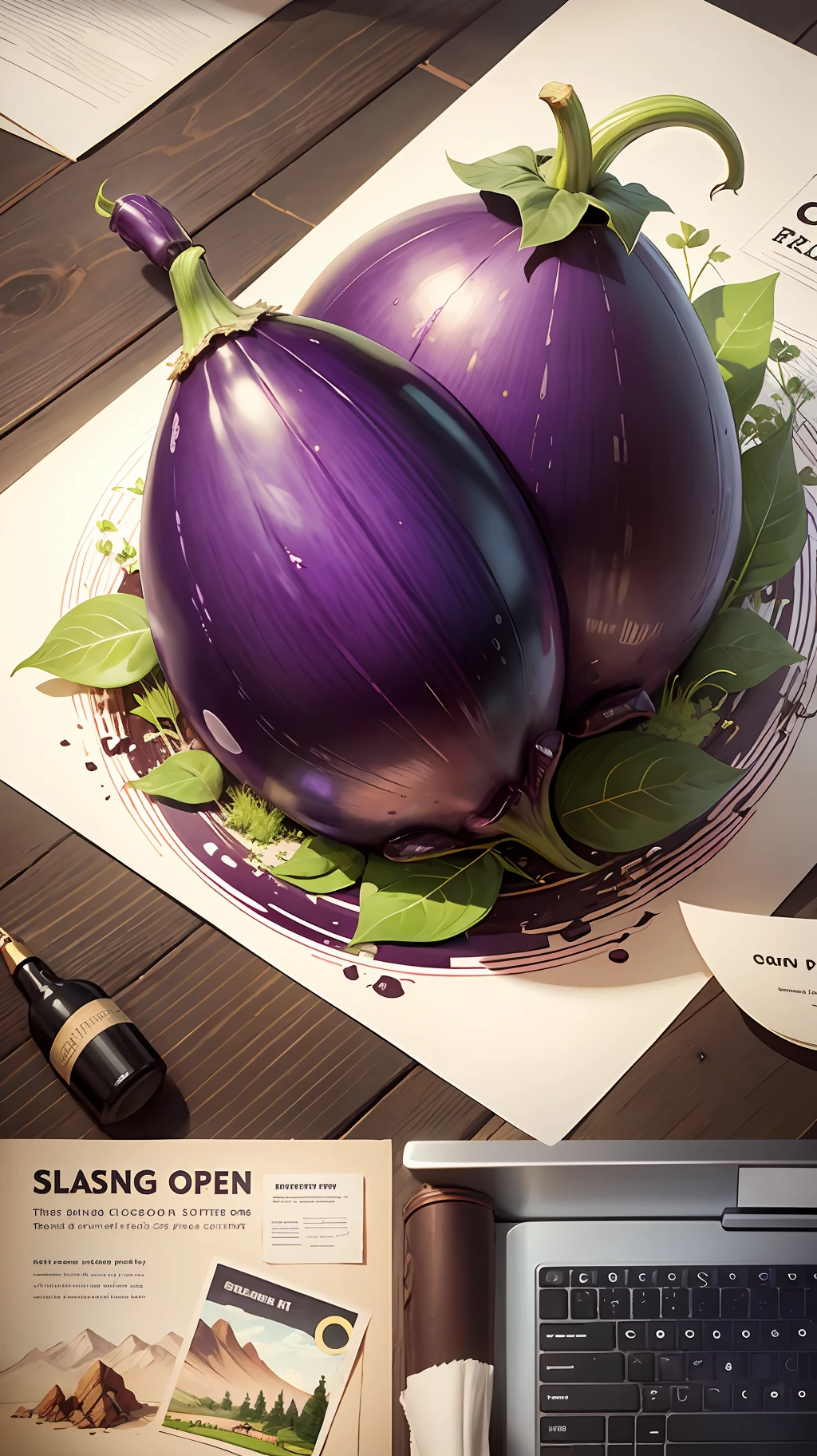 Eggplant in spring landscape, poster design, vector graphics