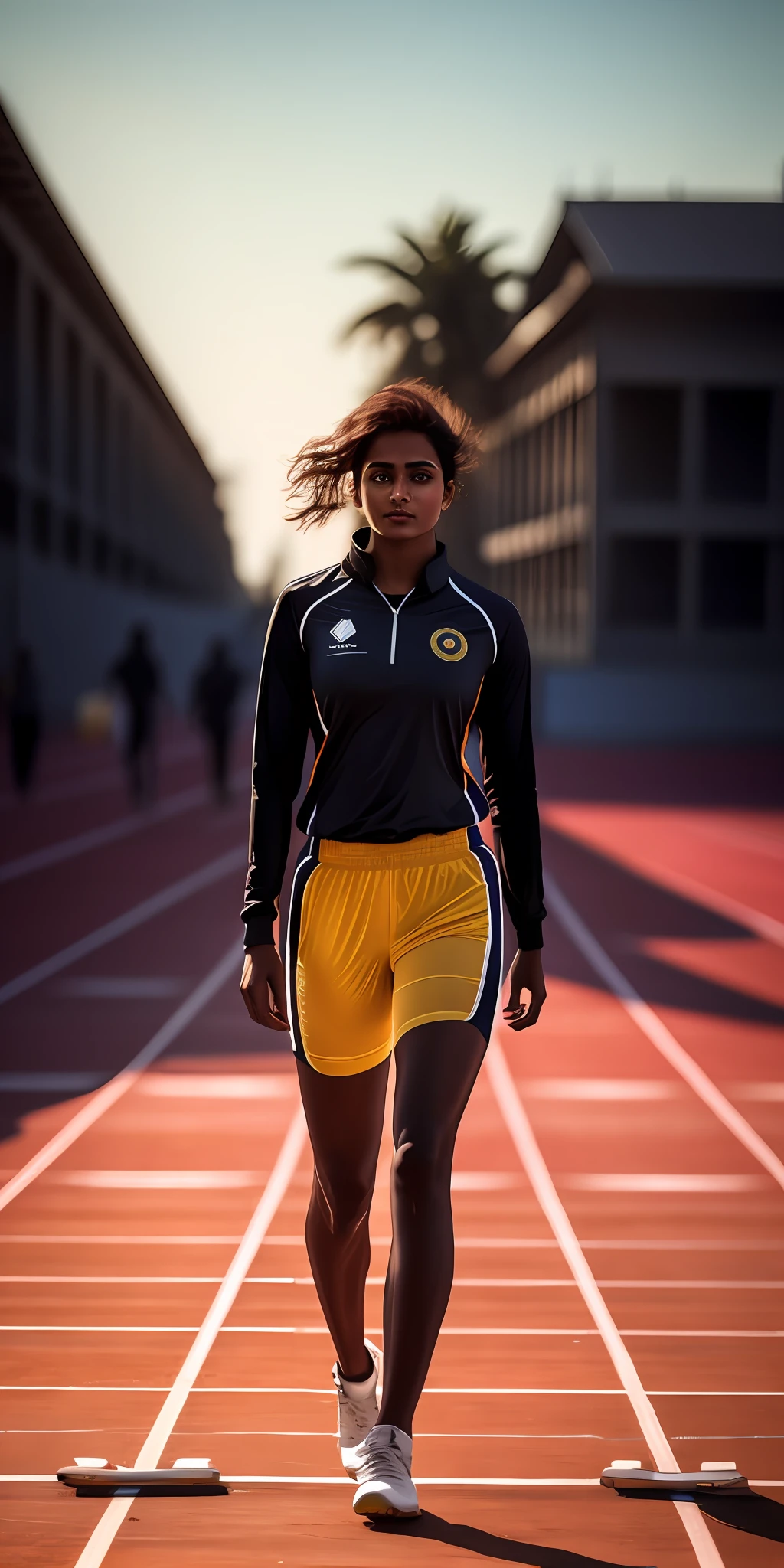 beautiful mature Indian college girl, in track outfit, outside on track field, ((slim, petite)), photorealistic, photo, masterpiece, realistic, realism, photorealism, high contrast, photorealistic digital art trending on Artstation 8k HD high definition detailed realistic, detailed, skin texture, hyper detailed, realistic skin texture, armature, best quality, ultra high res, (photorealistic:1.4),, high resolution, detailed, raw photo, sharp re, by lee jeffries nikon d850 film stock photograph 4 kodak portra 400 camera f1.6 lens rich colors hyper realistic lifelike texture dramatic lighting unrealengine trending on artstation cinestill 800,
