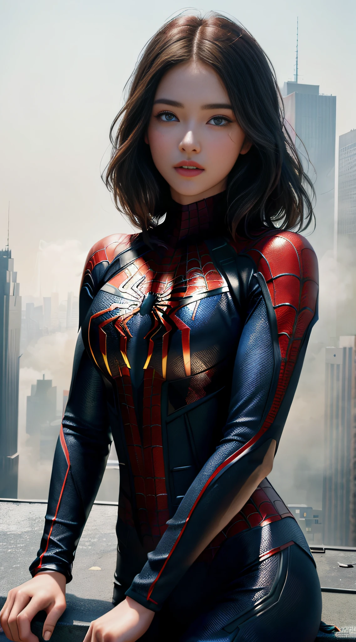 (1girl:1.3), Solo, (((Very detailed face)))), ((Very detailed eyes and face)))), Beautiful detail eyes, Body parts__, Official art, Unified 8k wallpaper, Super detailed, beautiful and beautiful, beautiful, masterpiece, best quality, original, masterpiece, super fine photo, best quality, super high resolution, realistic realism, sunlight, full body portrait, amazing beauty, dynamic pose, delicate face, vibrant eyes, (from the front), She wears Spider-Man suit, red and black color scheme, spider, very detailed city roof background, rooftop, overlooking the city, detailed face, detailed complex busy background, messy, gorgeous, milky white, highly detailed skin, realistic skin details, visible pores, clear focus, volumetric fog, 8k uhd, DSLR, high quality, film grain, fair skin, photo realism, lomography, futuristic dystopian megalopolis, translucent