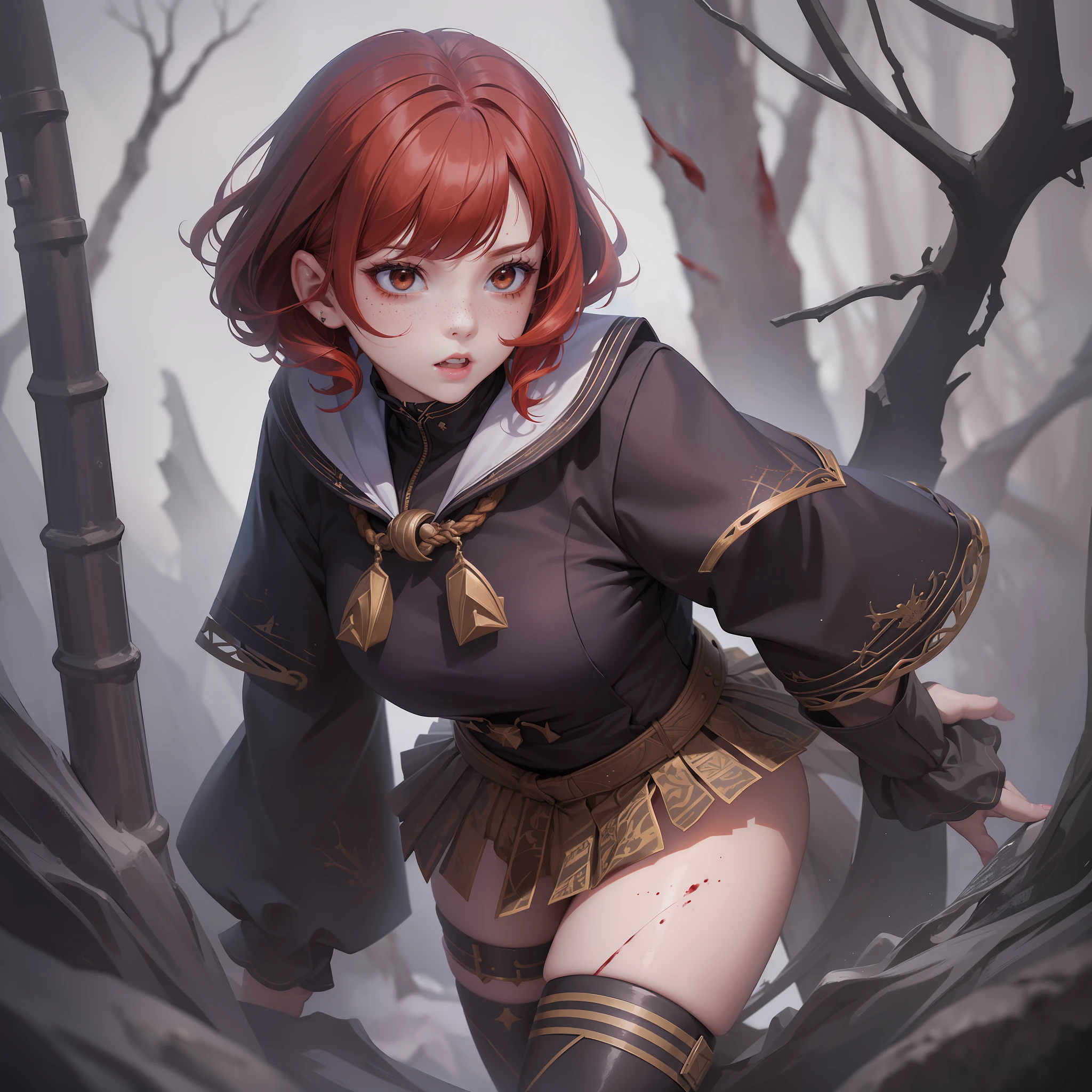 1 Beautiful Girl, Best Quality (8K),Heavily Attacked (Scratched,Blood Dripping),Very Detailed Background,Dark Sailor Suit,Dark Forest,Face ((Japan People)(Freckles) (Adult)(Best Quality)(8K)),Perfect Body Line(8 Heads),Full Body (Done Position),,Redhead Greasy Natural Perm ,Short Bob Hair,Big,,18 Years Old,