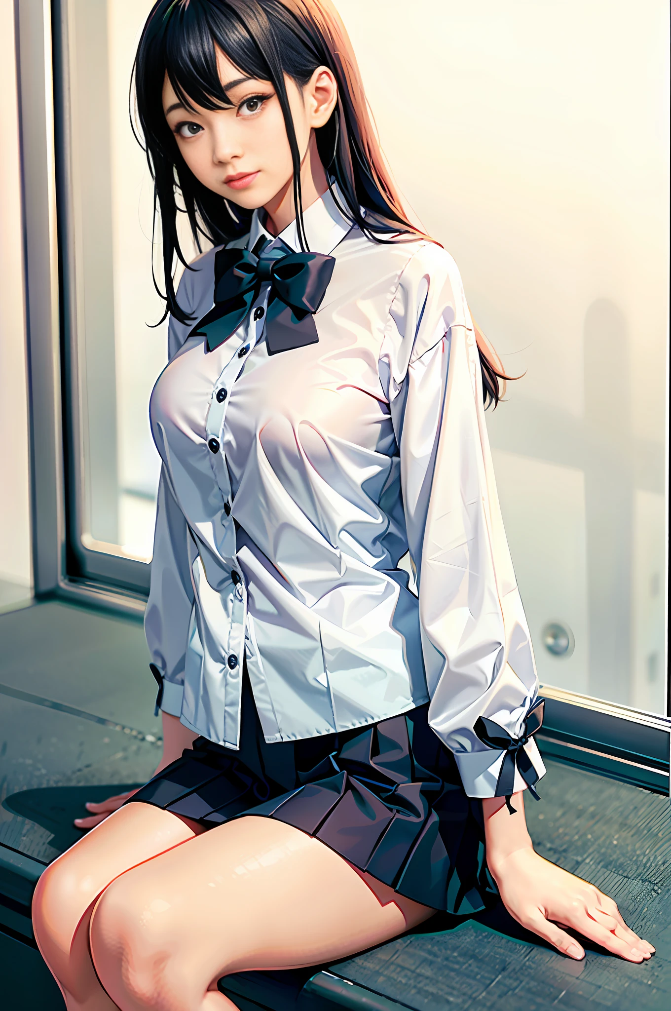 Japan woman wearing white folded short socks, young and pretty, white blouse, bow tie, blue skirt, bright interior background