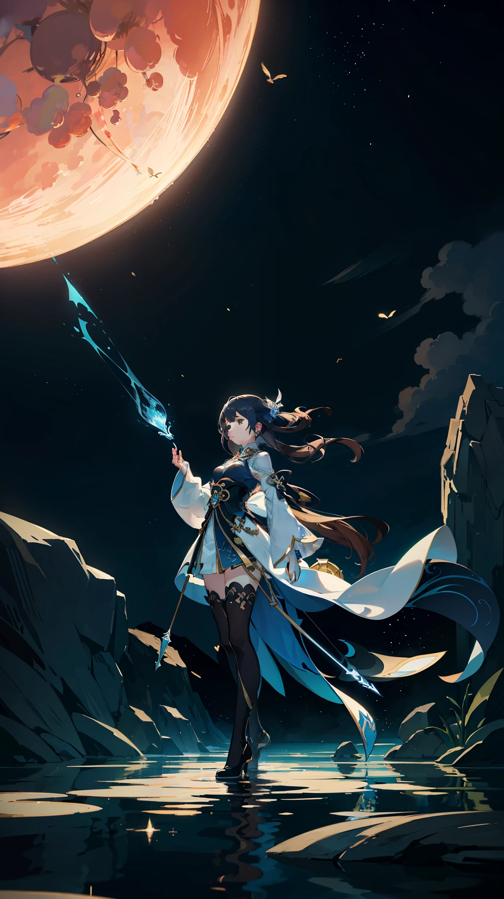 A story-rich painting, concept art inspired by Tosa Mitsuoki, pixiv competition winner, best quality, fantasy art, beautiful anime scenes, a round of bright moon, starry sky environment under moonlight, dream painting, anime background art, dream landscape art, fantastic night, anime background, background artwork, fantastic art, atmospheric anime, starry sky, detail enhancement. The reflection of the water surface, the reflection of the prism, the flooded figure, the style of Genshin, luminous lighting, atmospheric lighting, colorful details, mushroom rella's style and lighting, the style and lighting of Aya Raojiang, the beautiful light and shadow color, detail enhancement, rich human body dynamics