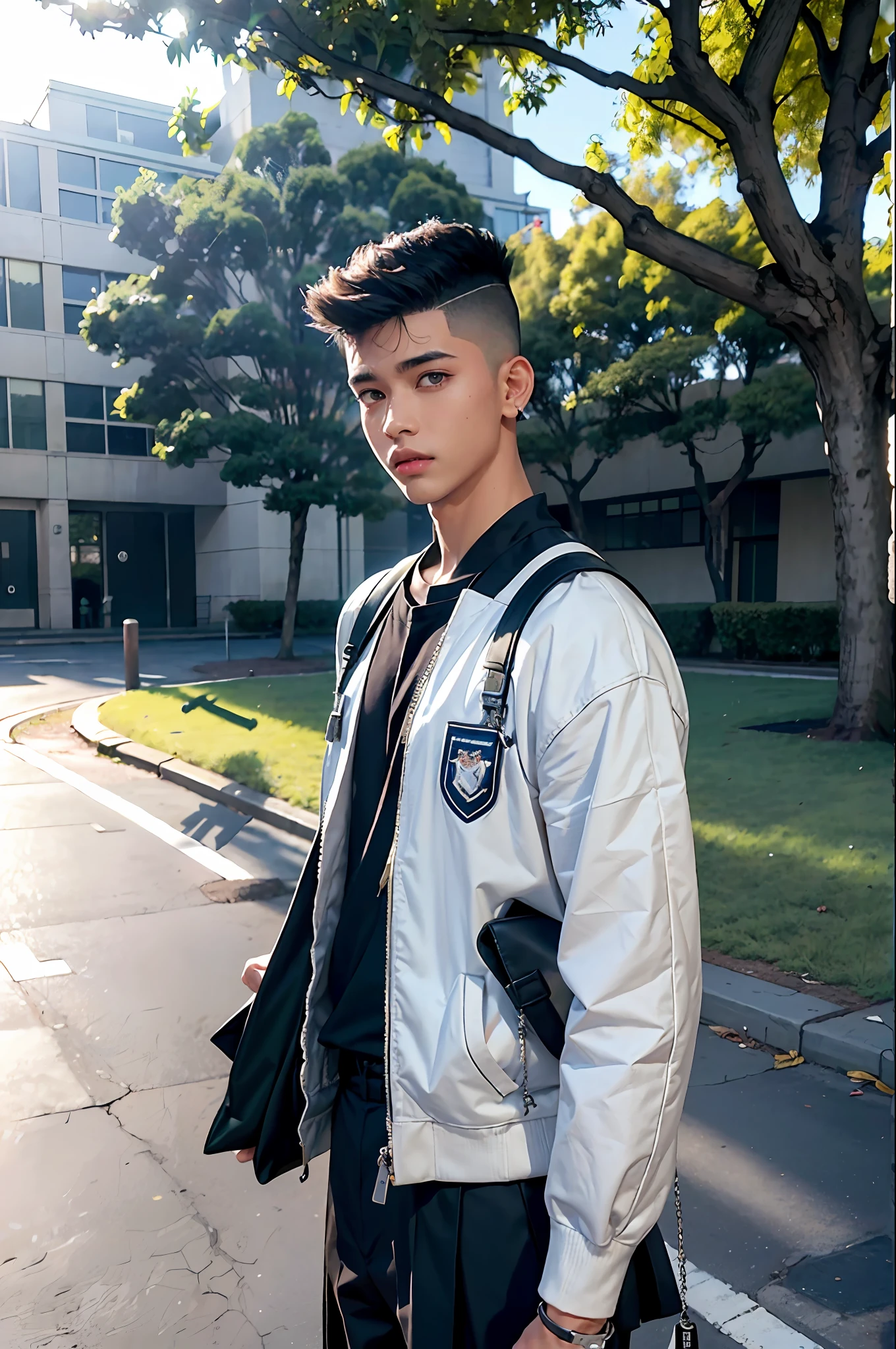 Masterpiece, Need for Good, 1boy, Male Focus, Handsome(hi-top fade:1.3), Campus, Boulevard, Spindle Tree, Afternoon Sun, On the Way to School, School Uniform, Backpack, Front, surrounding by kanji word fly around his body, Depth of Field high contrast, (natural skin texture, hyperrealism, soft light, sharp),