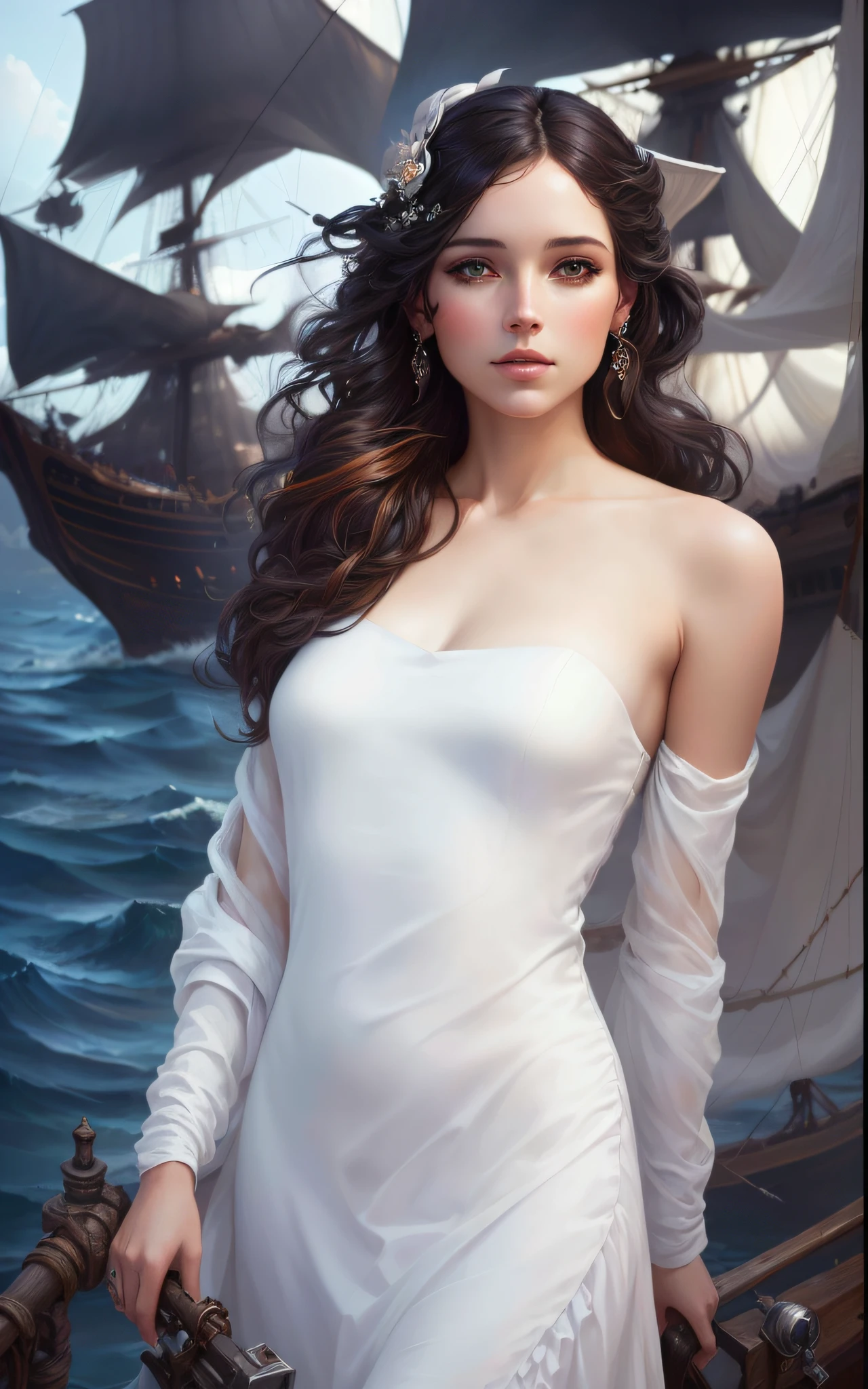Arad woman in white dress standing on boat, inspired by Magaly Villeneuve, gorgeous digital paintings, beautiful fantasy art portraits, beautiful digital artwork