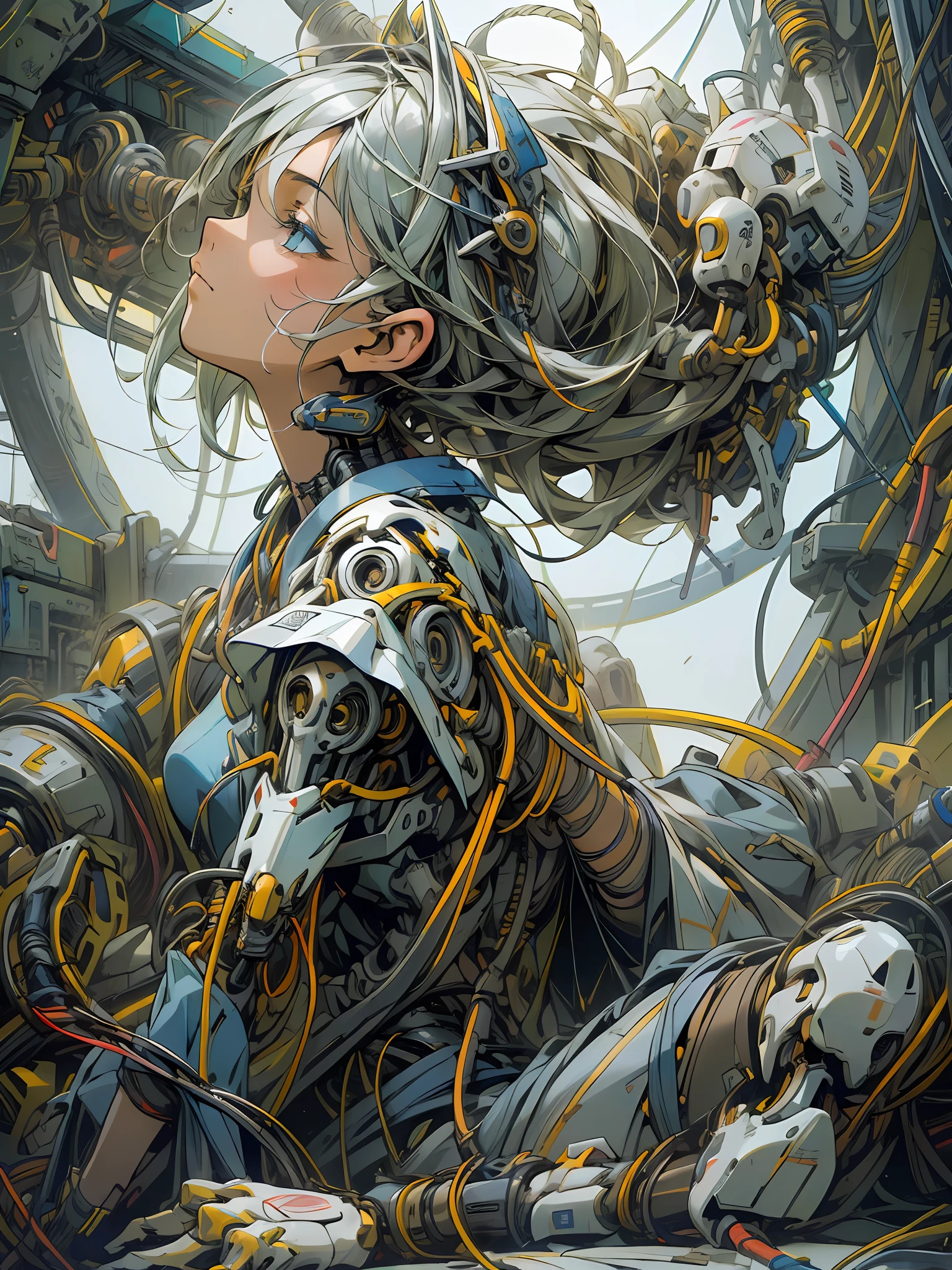 (masterpiece, top quality, best quality, official art, beautiful and aesthetic:1.2), (1girl:1.3), extreme detailed,colorful,highest detailed ((ultra-detailed)), (highly detailed CG illustration), ((an extremely delicate and beautiful)),(from side),cinematic light,1girl,solo,full body,(mechanical vertebra attaching to back),((mechanical cervial attaching to neck)),(sitting),expressionless,(wires and cables attaching to neck:1.2),(wires and cables on head:1.2)(character focus),science fiction,white background,