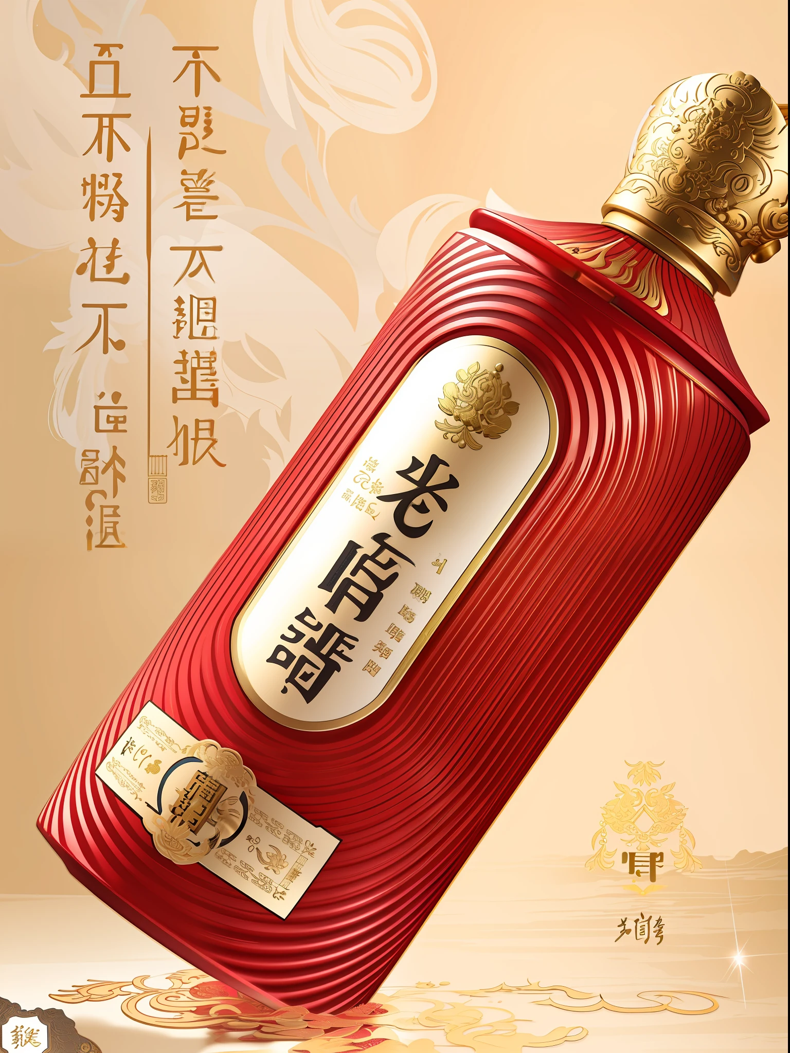 This beautiful bottle of liquor with a golden cap is inspired by Park Hua, Wang Chen, Gu Jian, Guangjian, Chiba Xiongdae, Cao Buxing, Jinshan and Nanquan. Detailed image description.