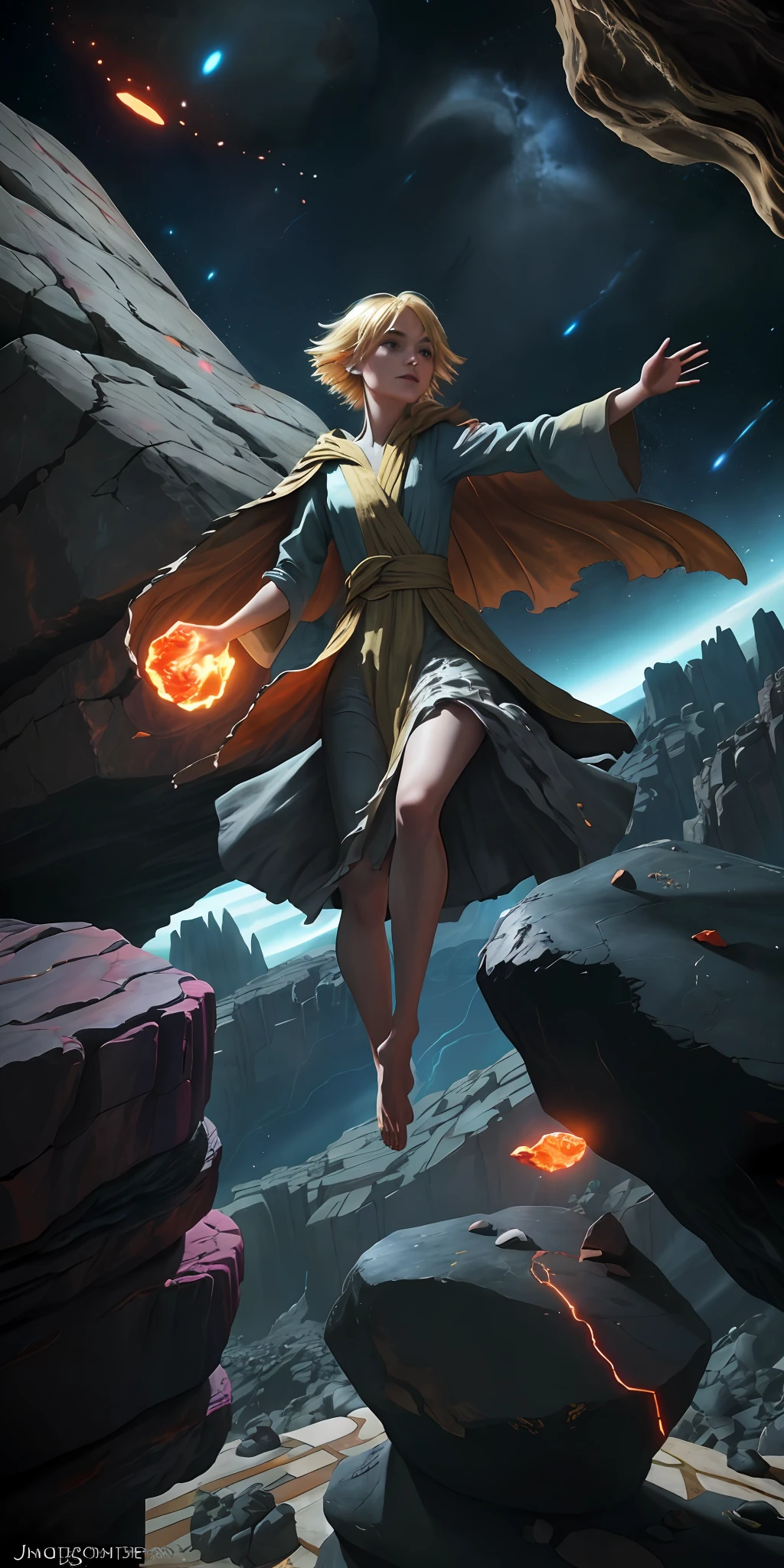 female barefoot summoner levitating with blonde hair robes and cape arms lifted up over a broken earth bright lava light from below asteroid field (jagged rocks boulders and debris shooting into the air:1.3) (windy dust debris storm:1.1) volumetric fog mist ray tracing z pass bright light from below, (masterpiece) (best quality) (detailed) (8k) (cinematic lighting) (sharp focus) (intricate)