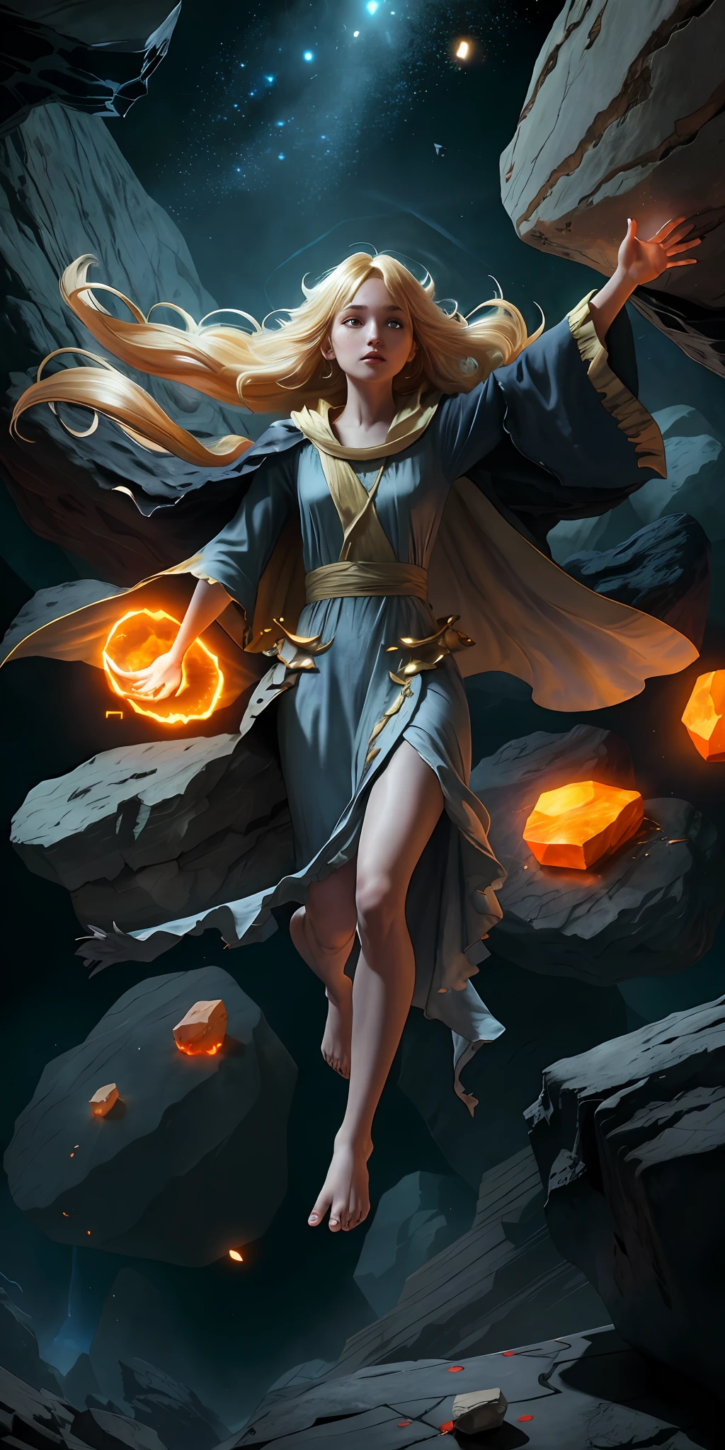 female barefoot summoner levitating with blonde hair robes and cape arms lifted up over a broken earth bright lava light from below asteroid field (jagged rocks boulders and debris shooting into the air:1.3) (windy dust debris storm:1.1) volumetric fog mist ray tracing z pass bright light from below, (masterpiece) (best quality) (detailed) (8k) (cinematic lighting) (sharp focus) (intricate)