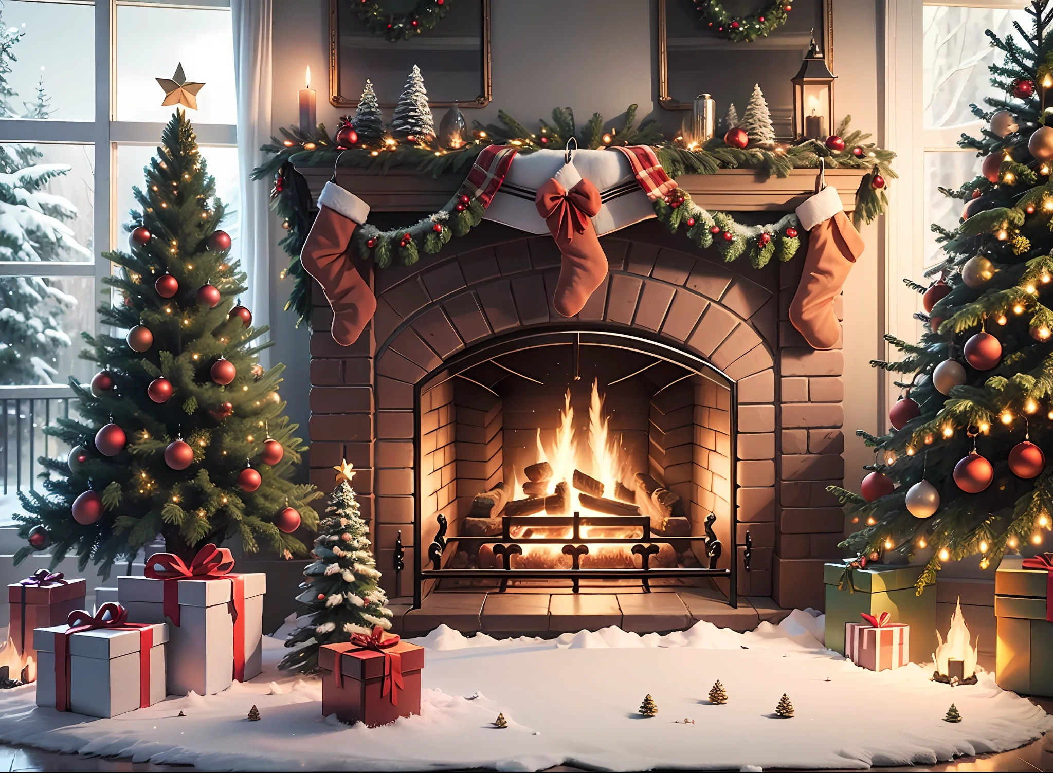front view full christmas tree and fireplace, real photography, super realistic rendering, realistic rendering, 8k, --auto --v6 --s2