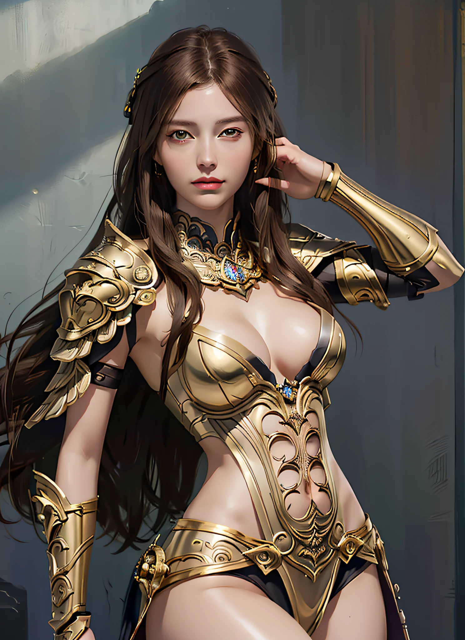 (Realistic, Portrait: 1.3), Intricate Details, Big, Sexy Swimsuit, (Surreal), (Illustration), (High Resolution), (8K), (Very Detailed), (Best Illustration), (Beautiful Detailed Eyes), (Best Quality), (Ultra Detailed), Intricate Detail Gemstones (Detailed Women's Armor: 3.3), (Gorgeous Gold Armor: 1.2), 1 Girl, Solo, Long Hair, Wind, Gorgeous Face, Top quality, masterpiece, maximum detail, diffused lighting, (brown hair: 1.3), Valhalla Valkyrie, mechanical arm,