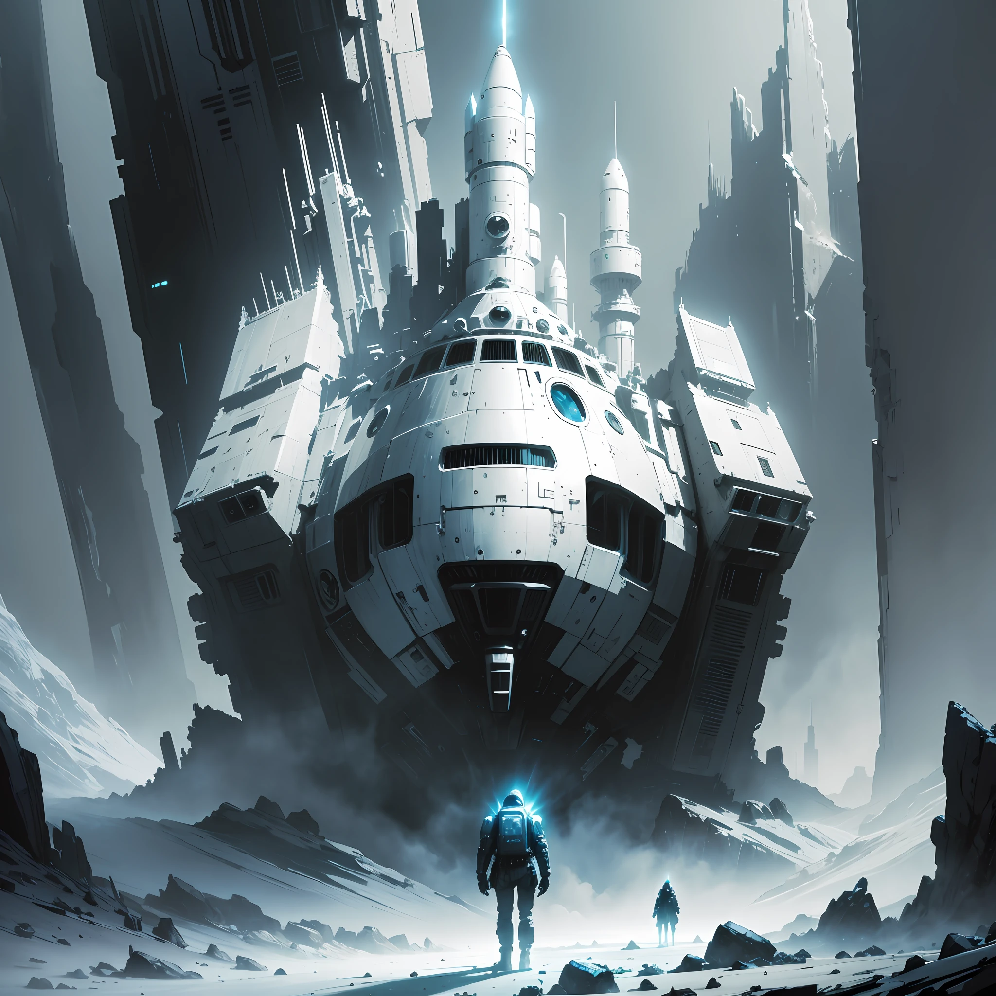 Futuristic dark landscape, ice and rock,rocket, space ship,space travellers,cybernetic cyborg, epic, Ashley wood style --s --auto