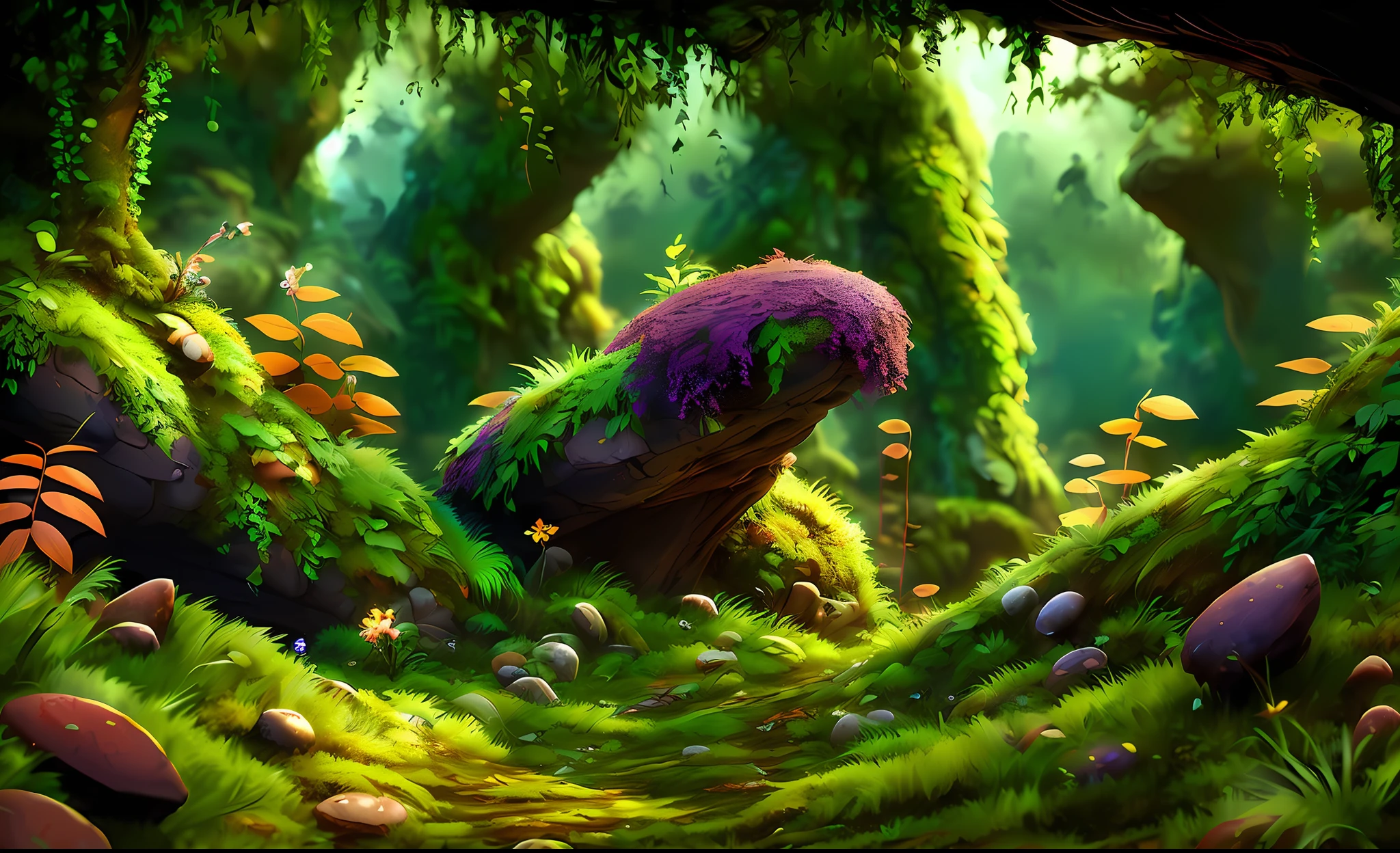 illustration game scene, The Croods, DreamWorks animation, background image of game characters, natural environment, high quality background image with empty ground, wide angle photography, fantasy plants, berries, moss, microscopic perspective, cartoon style, tropical plants, horizontal composition, bright, super high resolution, super high quality, clear detail, forest, game scene map --v6