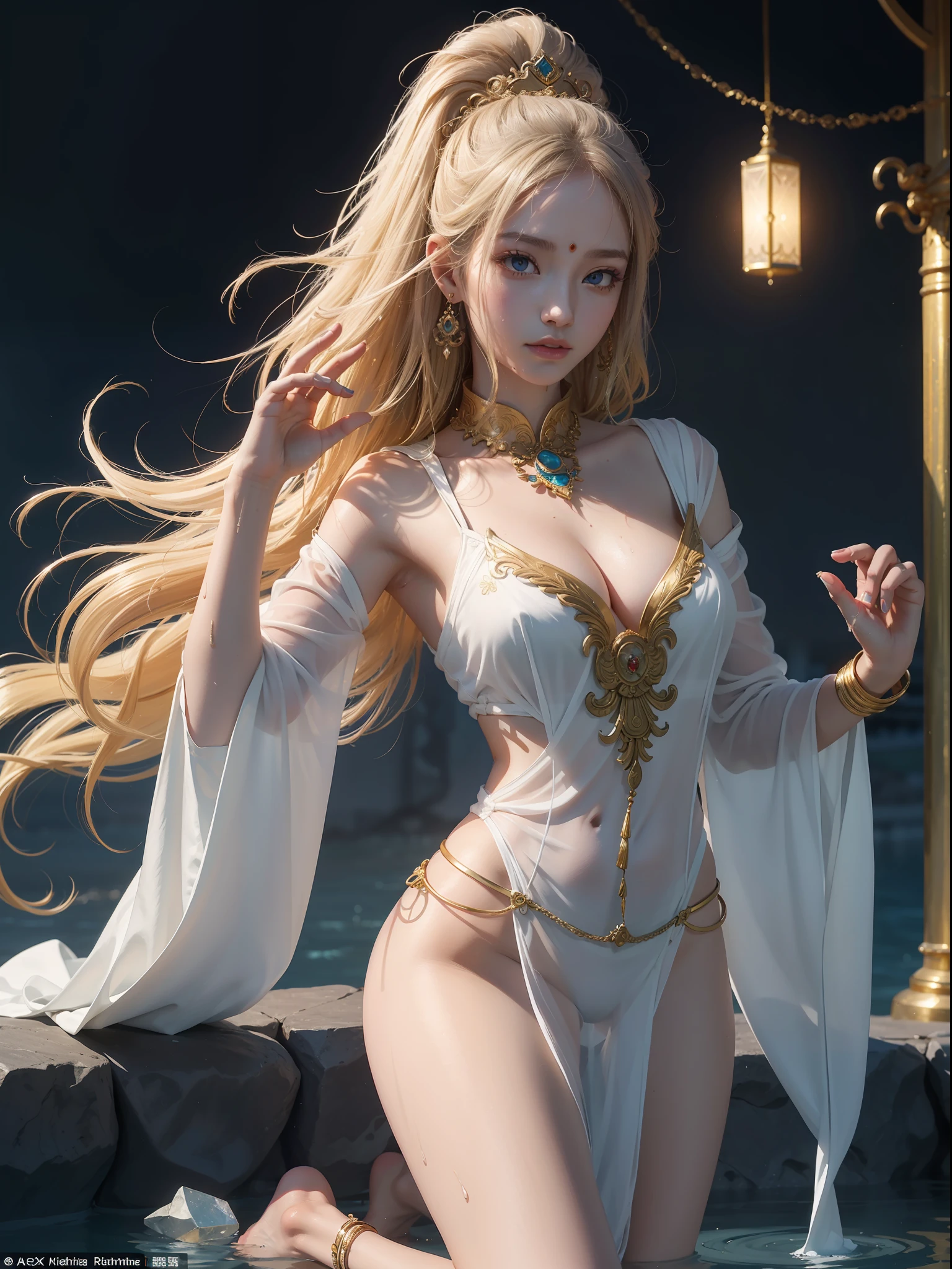 A Buddhist Bodhisattva Girl, (Masterpiece, Top Quality, Best Quality, Official Art), (KPOP idol), Delicate Jewelry, Delicate Bracelet, Delicate Hair Ornament, High Feeling, Aperture on the Back, Bodhisattva, Immortal Fluttering, Looking Up View, Barefoot, Golden Bracelet on Ankle, Ancient Chinese Costumes, Gorgeous Silk, Flowing Tulle, Dazzling Background, Golden Aperture in the Back, Gold Falun in the Back, Best Light, Best Shadow, Movie Lighting, Mystery, Background pure black with ring aperture, ultra HD, 8k, fair skin, Wolp_style, duhuang_style, upper body close-up, detailed face, professional classical dance moves, people floating in the air, (sideways: 1.5), 28 years old, 1girl, dressed decently, super long clothes, black hole background, in a temple in Thailand, one leg on the ground, left hand to do Buddha hand on chest, the other raised above the head to do Buddha hand, surrealism, photo, realistic, { (Surfacing from a crystal clear pool), (wet: 3.0), (wet hair: 1.5)}, medium chest, 48KG weight, smooth skin, light blue pupils, detailed eye painting, (ultra-white skin, supple skin), long legs, attractive body curves