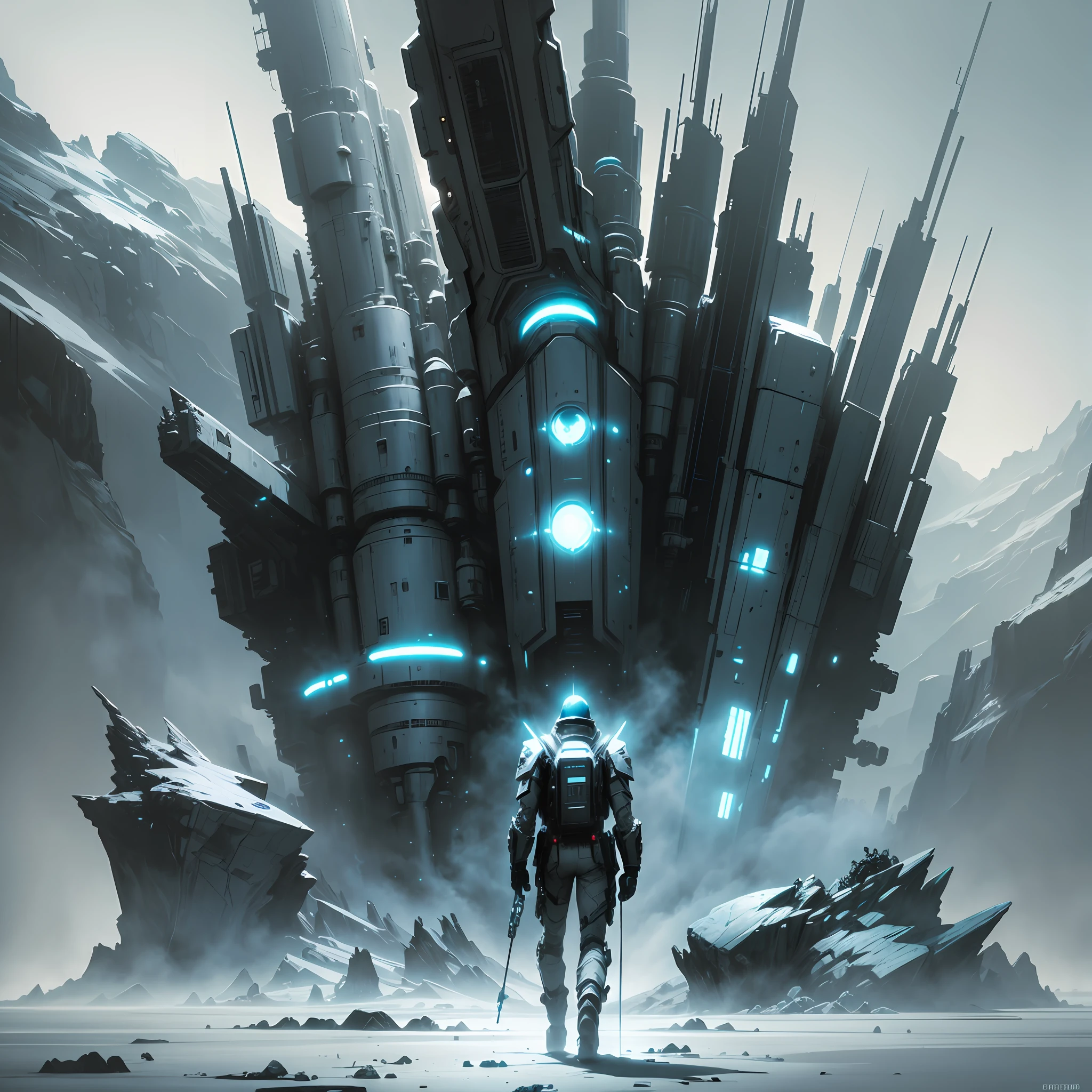 Futuristic dark landscape, ice and rock,rocket, space ship,space travellers,cybernetic cyborg, epic, Ashley wood style --s --auto