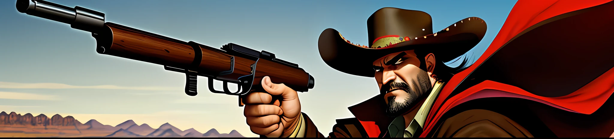(Mexican), (Cloak), Outlaw of the Wilderness with a Big Body, Ma Dong-seok, Outlaw with a hat and holding a gun, (villainous look), Wild West, Western Gunslinger, Gunslinger, Inspired Western Cartoons, Old West, Brown, Long Jacket