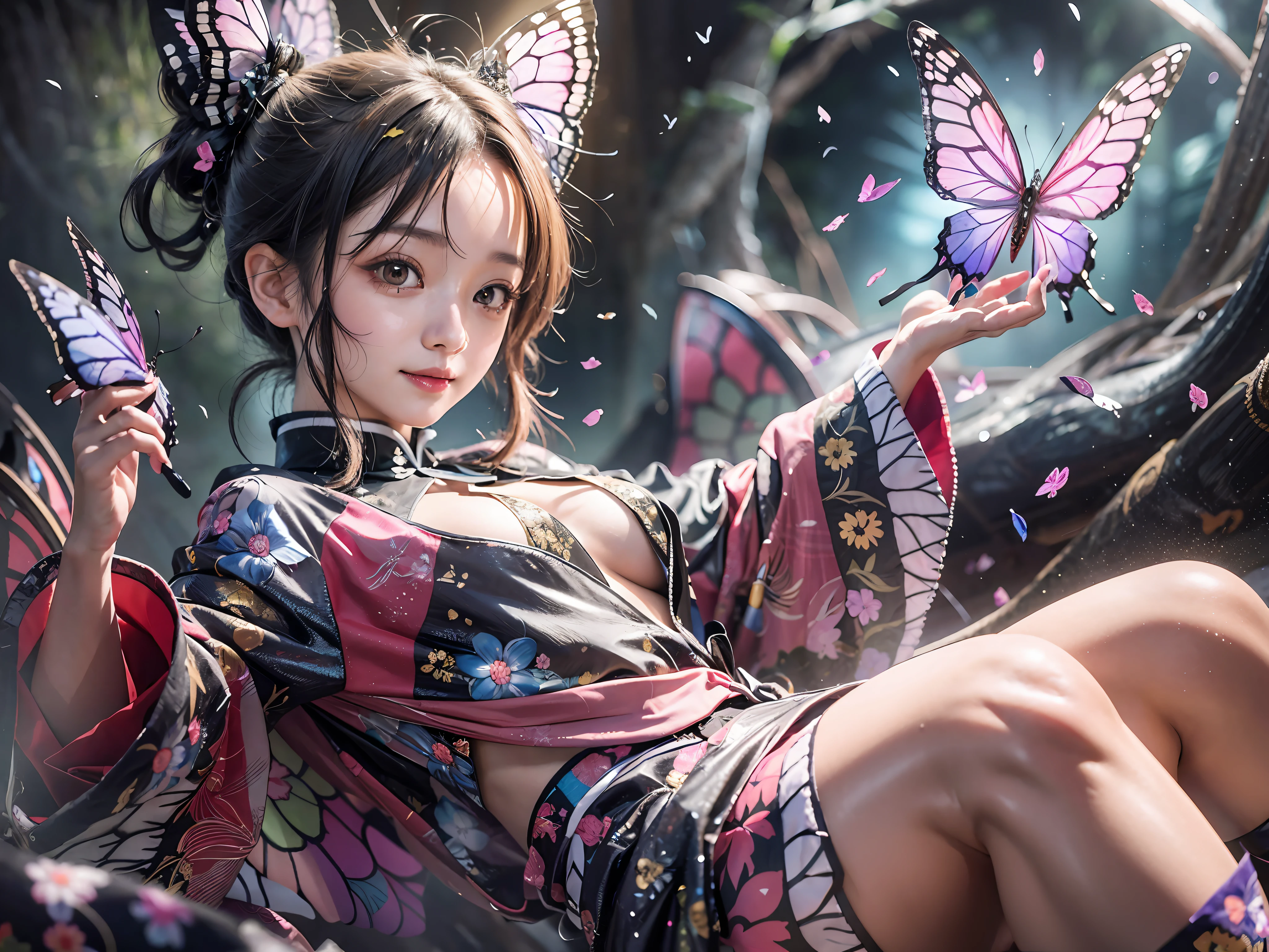 shinobu, Kimetsu no Yaiba manga, 1 girl, smile gently, play with butterflies, dynamic angle shot, ultra detailed, ((hyper realistic)), glittering, moon light, RAW photo, full shot, wide shot, ultra sexy, big breasts