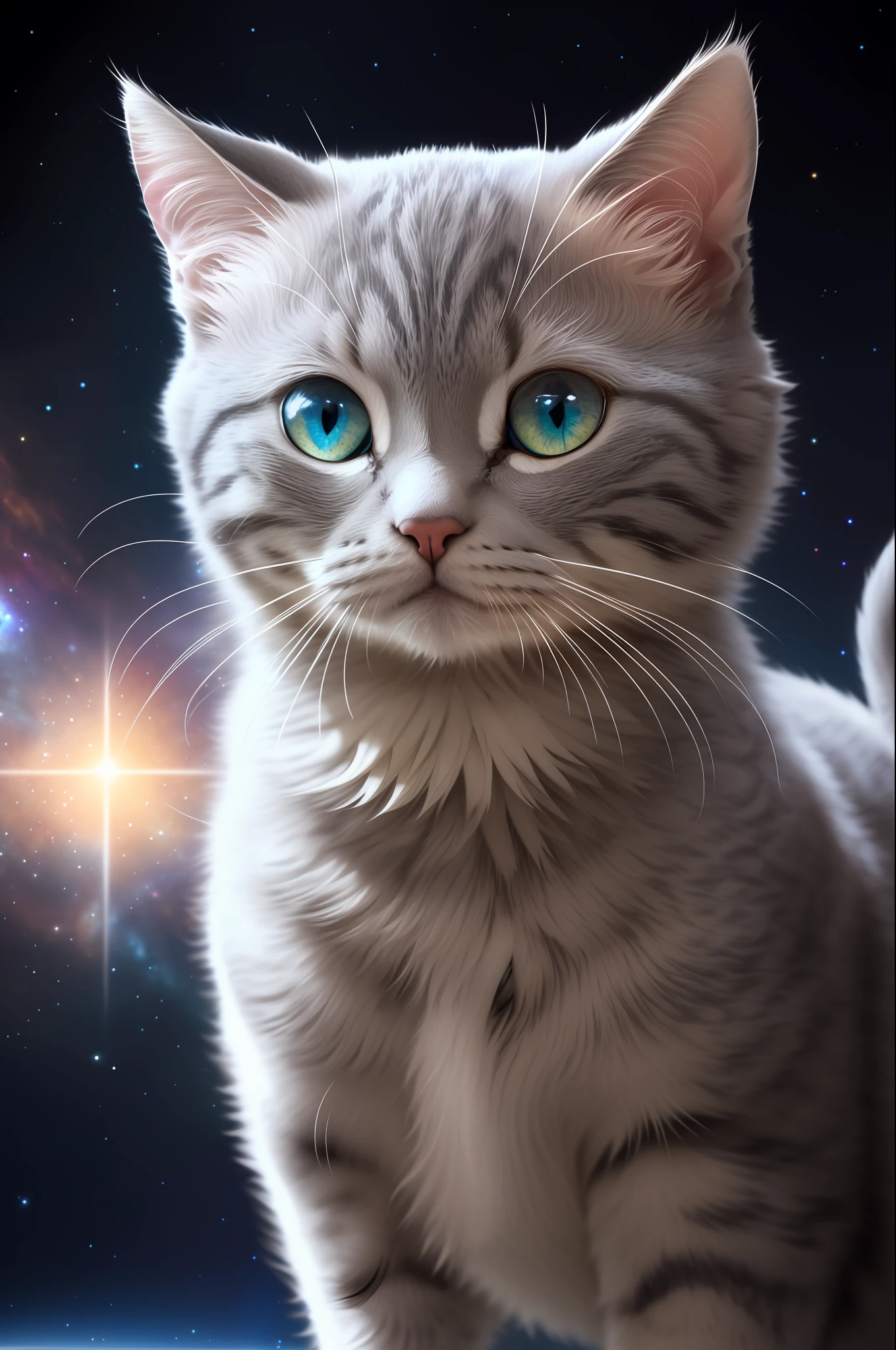 best quality, masterpiece, illustration, an extremely delicate and beautiful, extremely detailed, CG, unit, 8k wallpaper, amazing, fine details, masterpiece, best quality, official art, extremely detailed CG 8k wallpaper unit, ultra-detailed, highres, extremely detailed, ((cute detailed gray cat)), wearing a space suit, extremely detailed eyes and face, beautiful detailed eyes, light on face,  star, (galaxy: 1.2), star\(sky\), outdoors, (upper body: 1.4), sky detailed, night, by detailed, depth of field