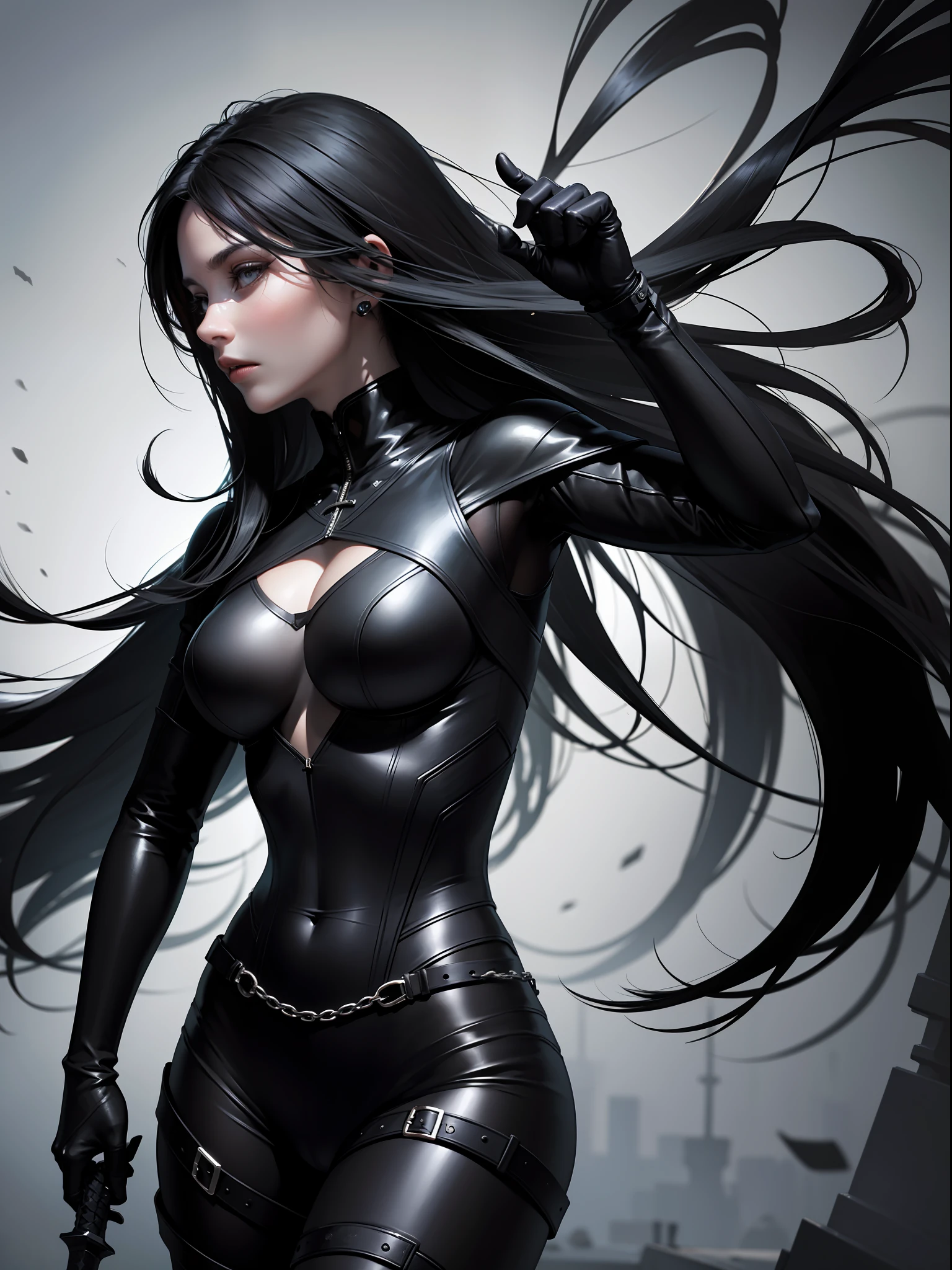 hyper-realistic, pure black, jet black, dark, beautiful, deep, woman, black world, beautiful light, high definition, fine detail, precise, precise, mysterious, magnificent, sword, illustration