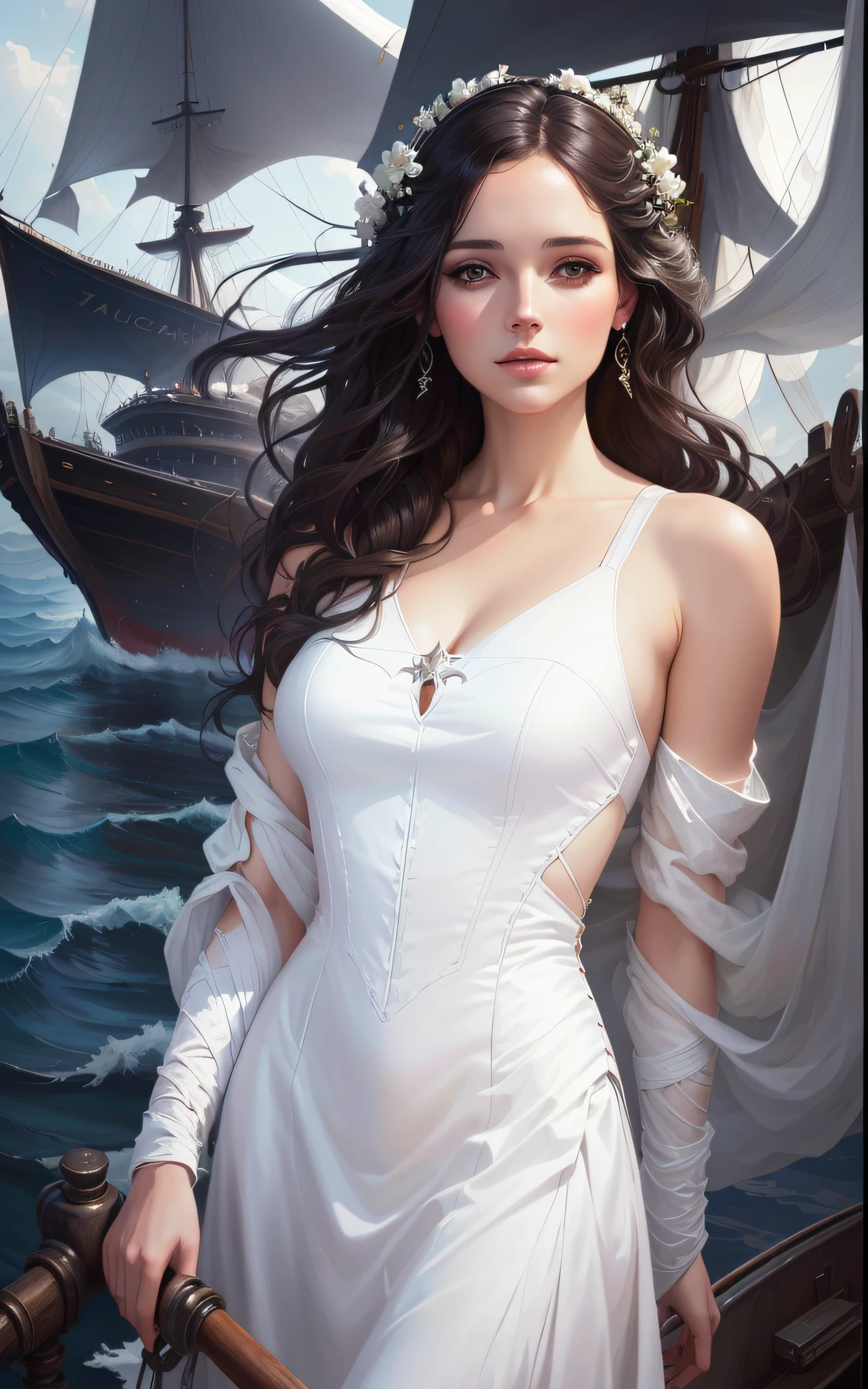 Arad woman in white dress standing on boat, inspired by Magaly Villeneuve, gorgeous digital paintings, beautiful fantasy art portraits, beautiful digital artwork