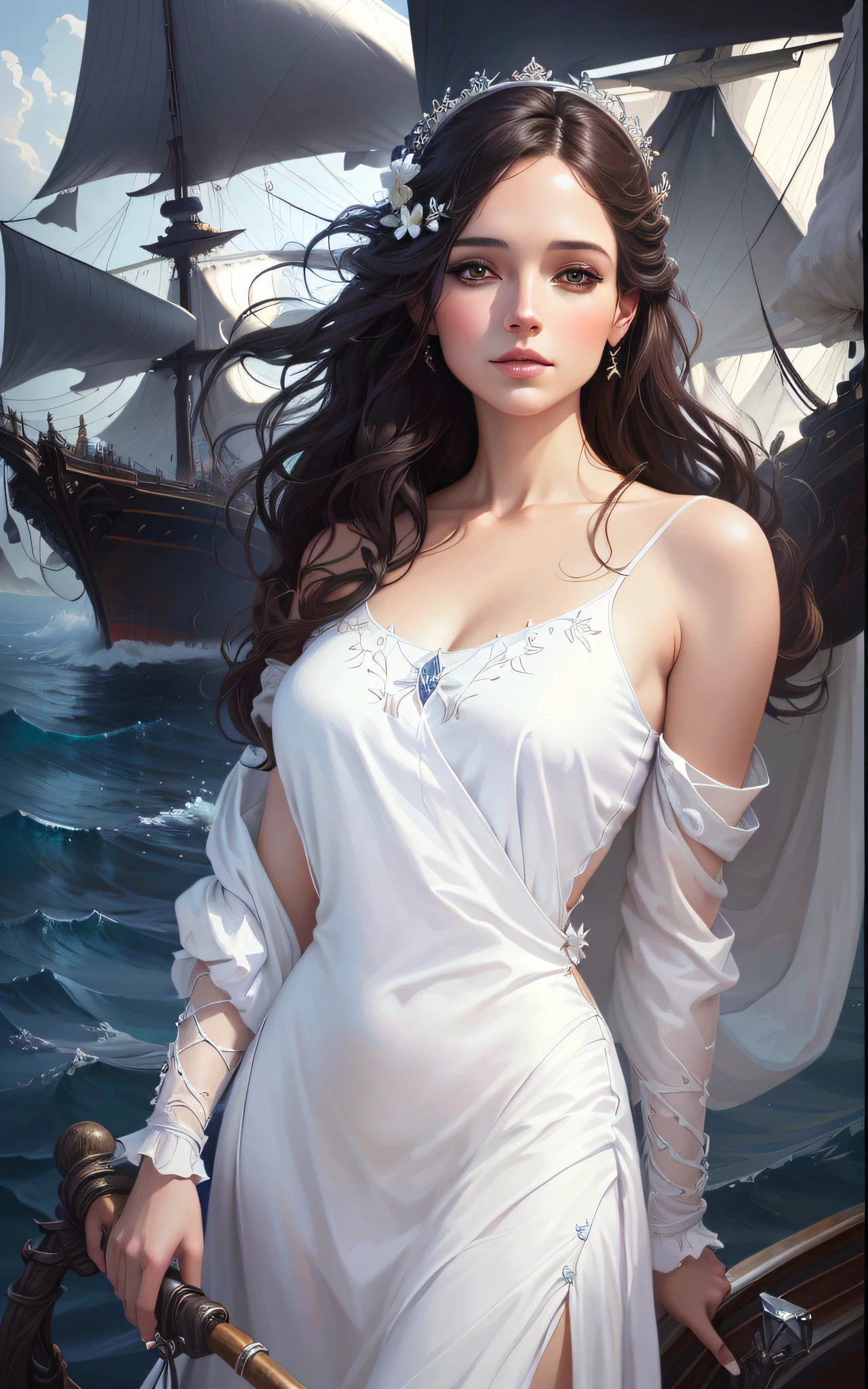 Arad woman in white dress standing on boat, inspired by Magaly Villeneuve, gorgeous digital paintings, beautiful fantasy art portraits, beautiful digital artwork