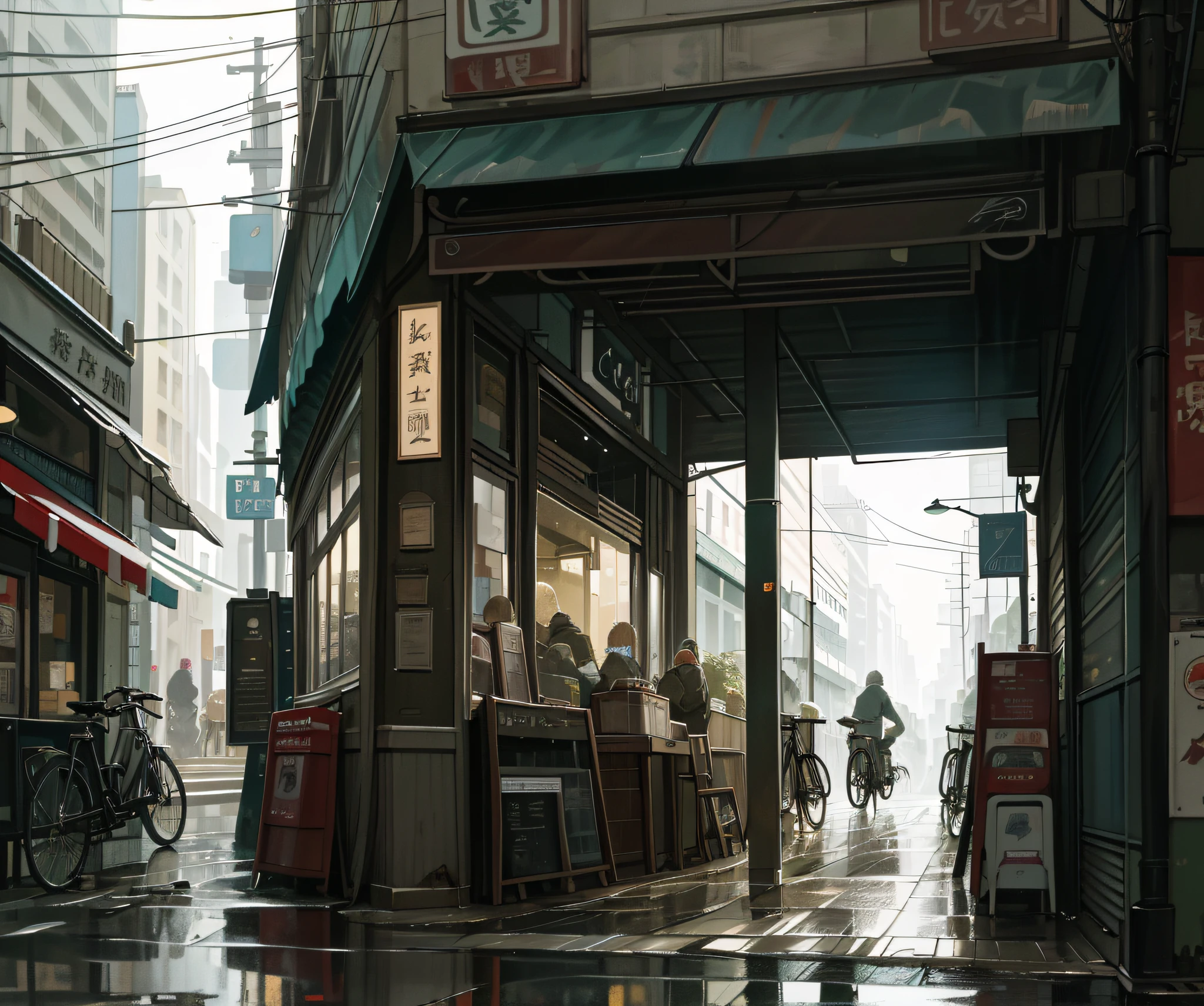 Photo of a cafe, wet street, buildings, busy street, cycle, garbage, nostalgia, ultra quality, hyper detailed,