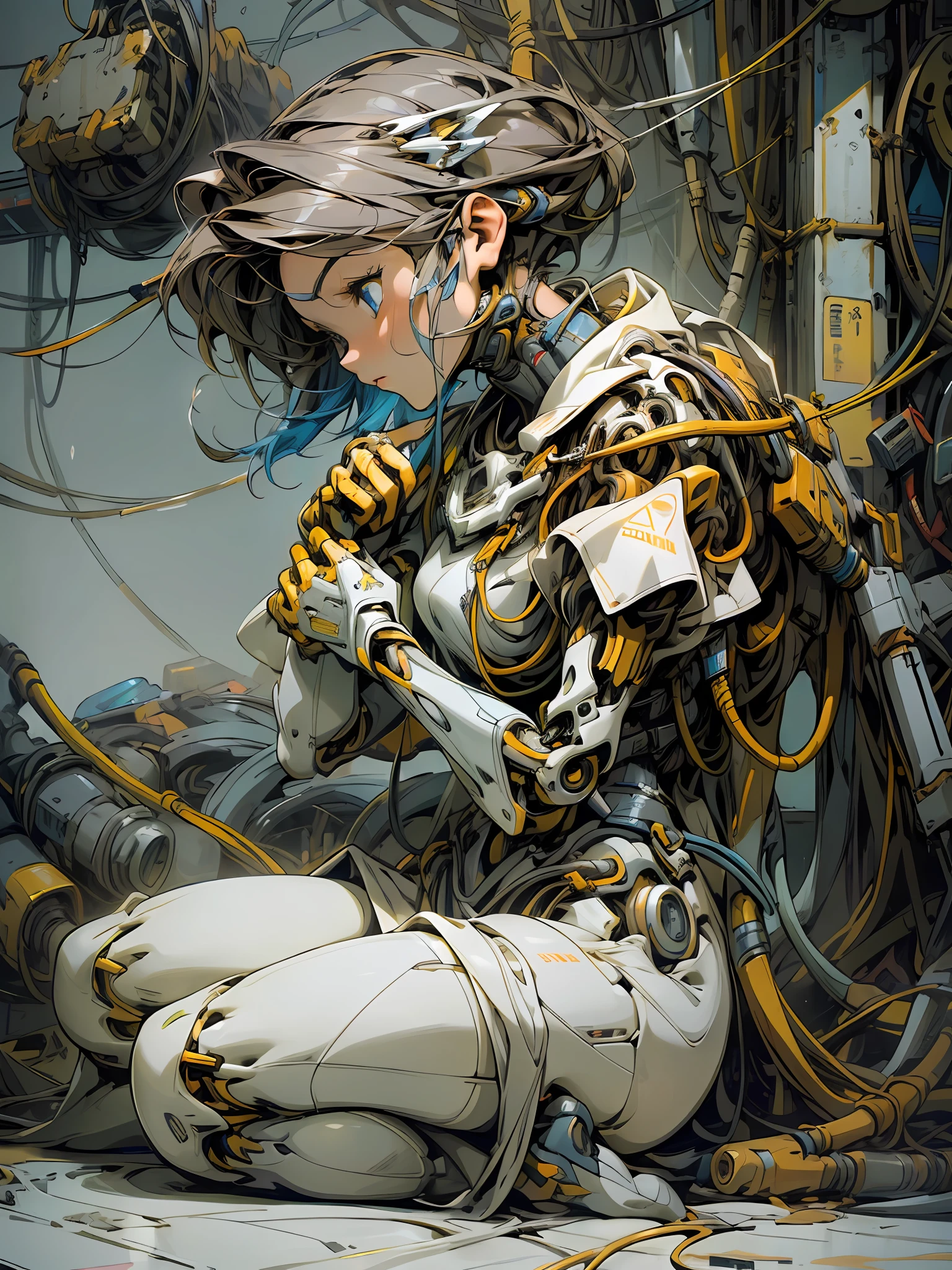 (masterpiece, top quality, best quality, official art, beautiful and aesthetic:1.2), (1girl:1.3), extreme detailed,colorful,highest detailed ((ultra-detailed)), (highly detailed CG illustration), ((an extremely delicate and beautiful)),(from side),cinematic light,1girl,solo,full body,(mechanical vertebra attaching to back),((mechanical cervial attaching to neck)),(sitting),expressionless,(wires and cables attaching to neck:1.2),(wires and cables on head:1.2)(character focus),science fiction,white background,
