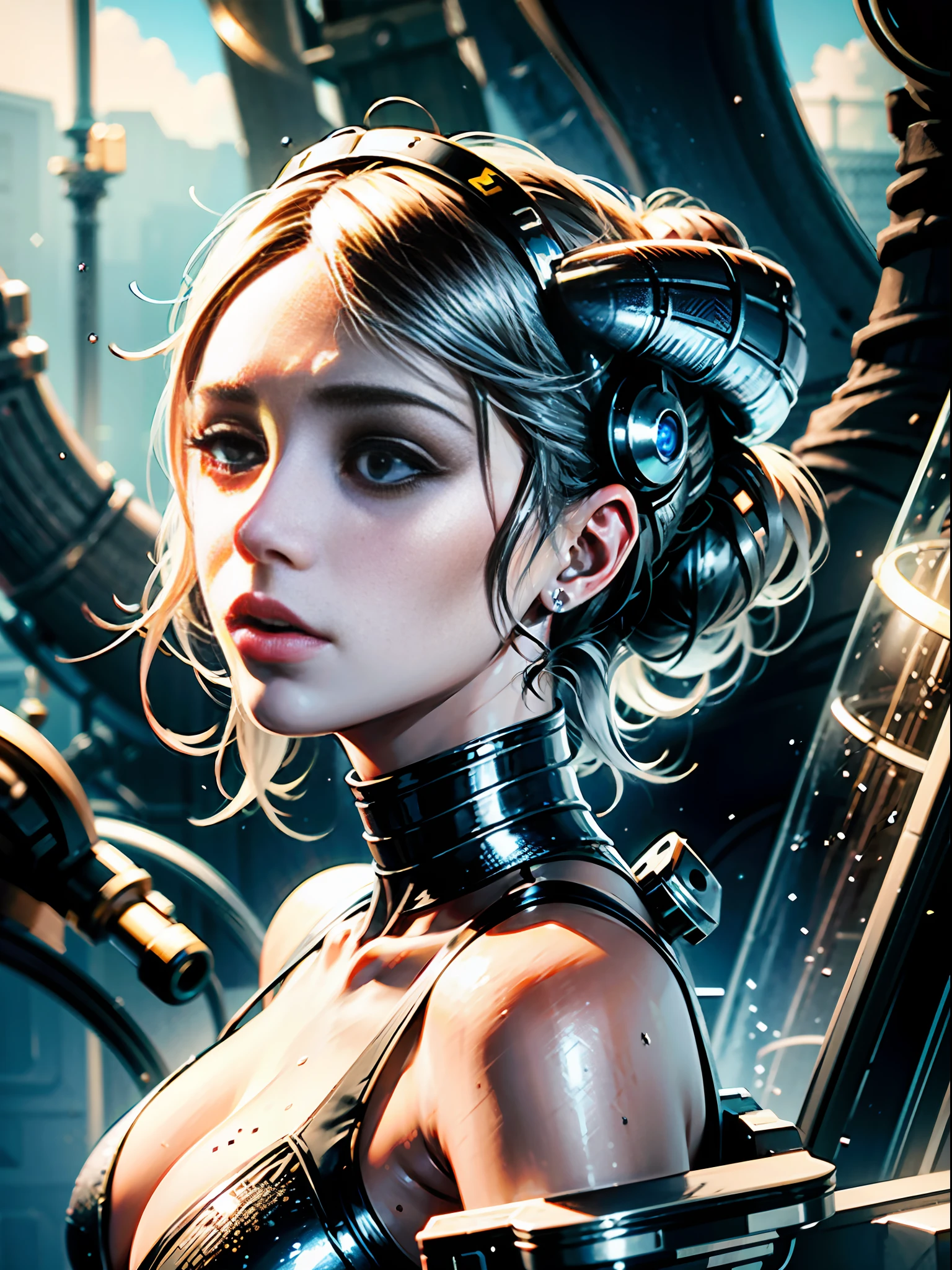 a female face covered in glass and plastic, in the style of hyper-realistic sci-fi, fantastical machines, norwegian nature, delicate constructions, hyper-realistic water, bryce 3d, close up --niji 5 --ar 3:4