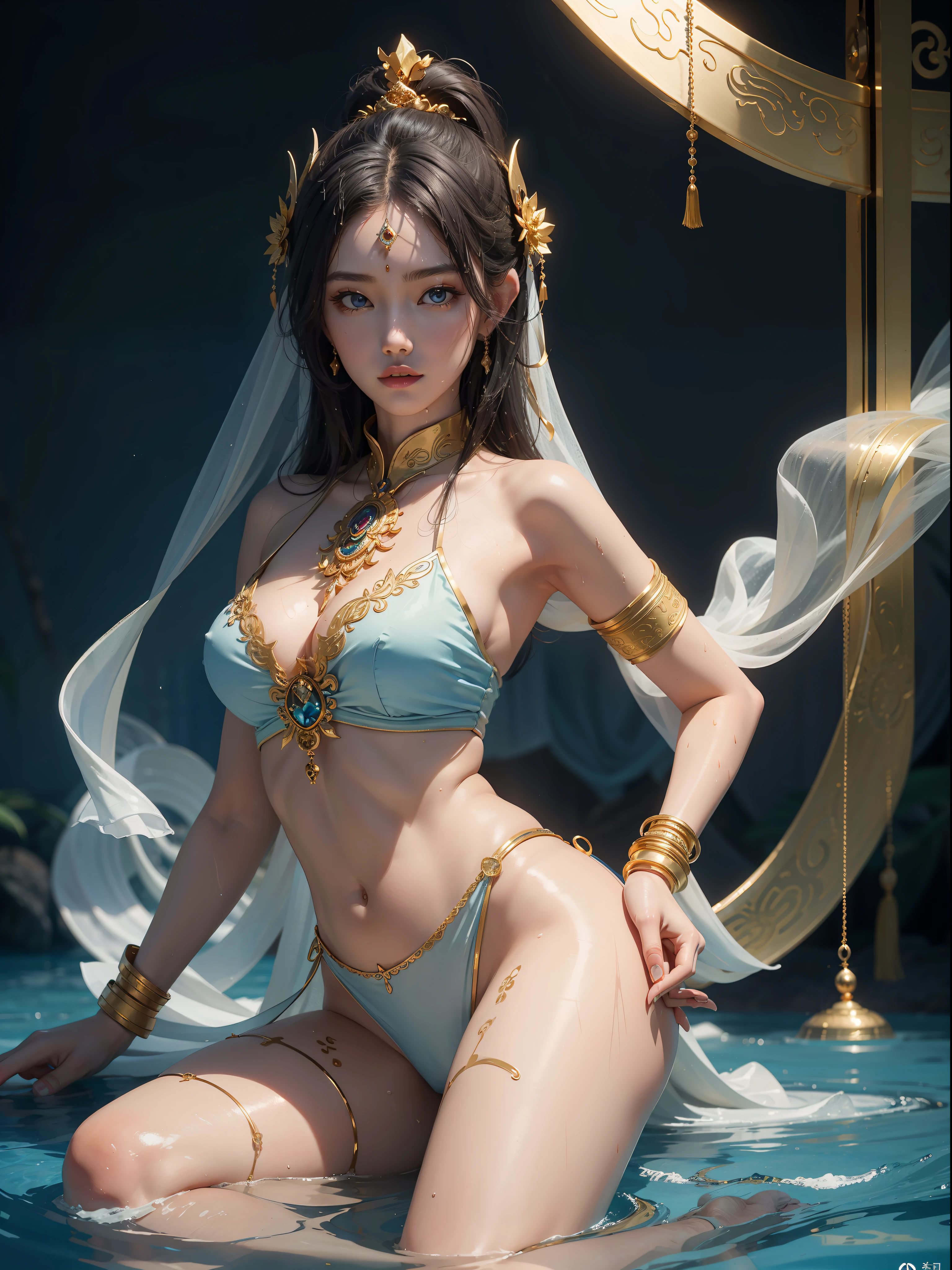 A Buddhist Bodhisattva Girl, (Masterpiece, Top Quality, Best Quality, Official Art), (KPOP idol), Delicate Jewelry, Delicate Bracelet, Delicate Hair Ornament, High Feeling, Aperture on the Back, Bodhisattva, Immortal Fluttering, Looking Up View, Barefoot, Golden Bracelet on Ankle, Ancient Chinese Costumes, Gorgeous Silk, Flowing Tulle, Dazzling Background, Golden Aperture in the Back, Gold Falun in the Back, Best Light, Best Shadow, Movie Lighting, Mystery, Background pure black with ring aperture, ultra HD, 8k, fair skin, Wolp_style, duhuang_style, upper body close-up, detailed face, professional classical dance moves, people floating in the air, (sideways: 1.5), 28 years old, 1girl, dressed decently, super long clothes, black hole background, in a temple in Thailand, one leg on the ground, left hand to do Buddha hand on chest, the other raised above the head to do Buddha hand, surrealism, photo, realistic, { (Surfacing from a crystal clear pool), (wet: 3.0), (wet hair: 1.5)}, medium chest, 48KG weight, smooth skin, light blue pupils, detailed eye painting, (ultra-white skin, supple skin), long legs, attractive body curves