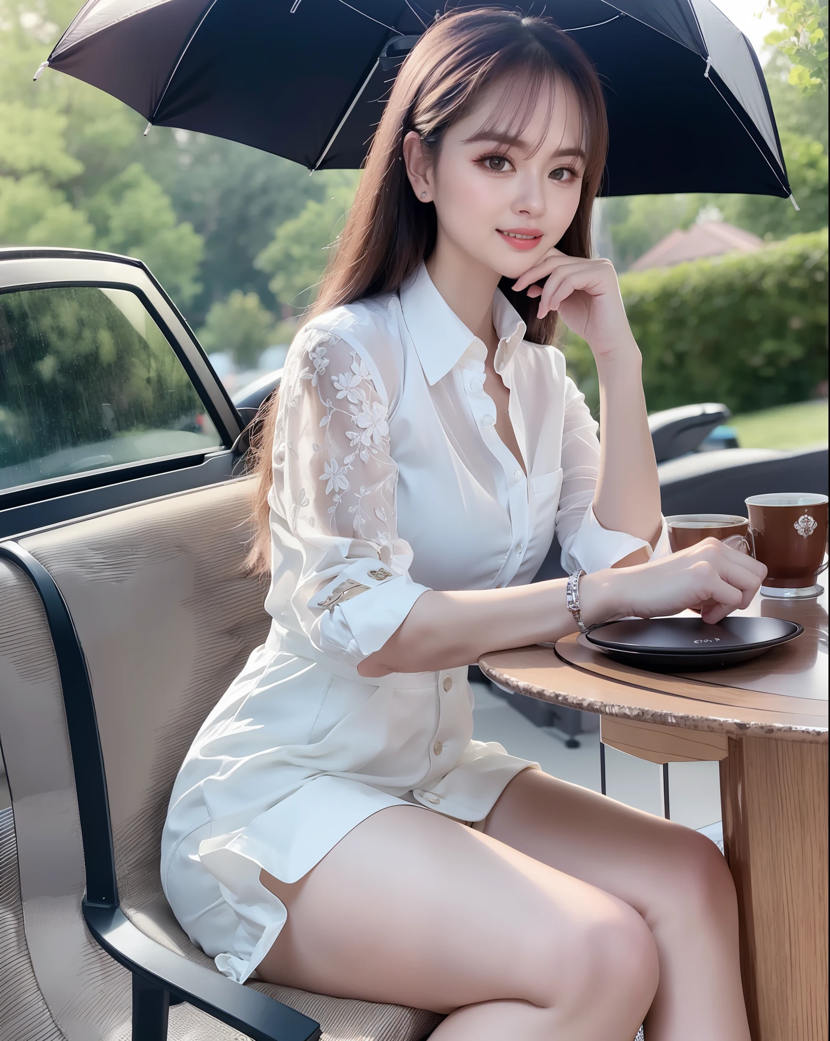 NSFW, (8k, best quality, master:1.2), (realistic, photo-realistic:1.37), super detailed, 1 girl, view, cute, beautiful detailed sky, detailed café, evening, sitting, dating, (red nose), sitting at the table, afternoon tea on the table, (shut up) small breasts, beautiful delicate eyes, (collared shirt: 1.1), daytime, sunshine, professional wear, rain, white lace, (Long hair: 1.4), silver hair NovaFrogStyle, uniform, white skin, movie lights, sunlight, street lights, (AV actresses: 4), full body photos, (coffee table: 1), (handbag: 1), ulzzang